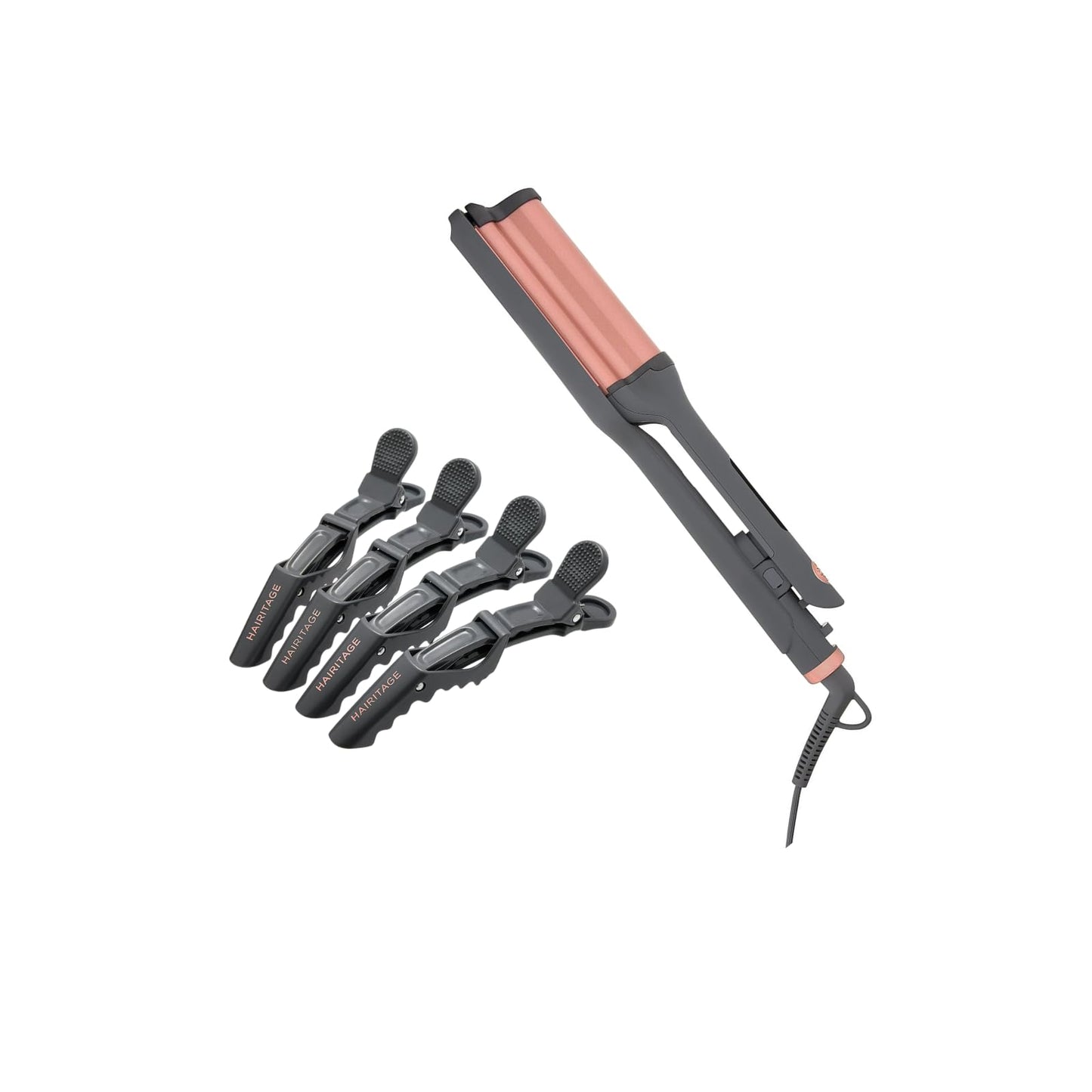 Hairitage 1 Catch The Wave Deep Curling & Crimping Iron + 4PC Out of My Way Alligator Hair Clips (Variety Pack)
