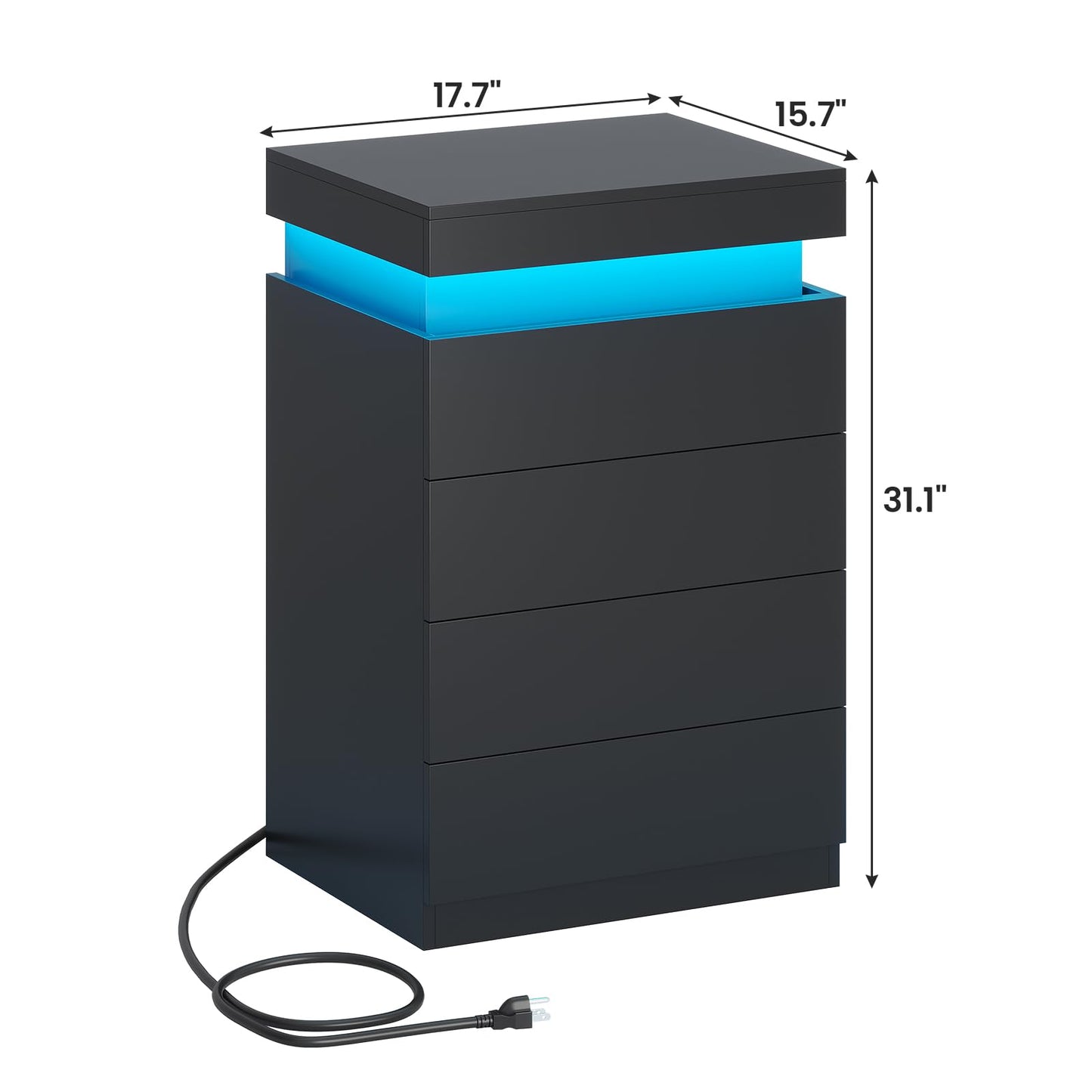 ADORNEVE Black Night Stand Set of 2,Tall Nightstand with Charging Station & LED Light & Sliding Top,Bedside Table with Drawers,Modern Bed Side Tables Bedroom