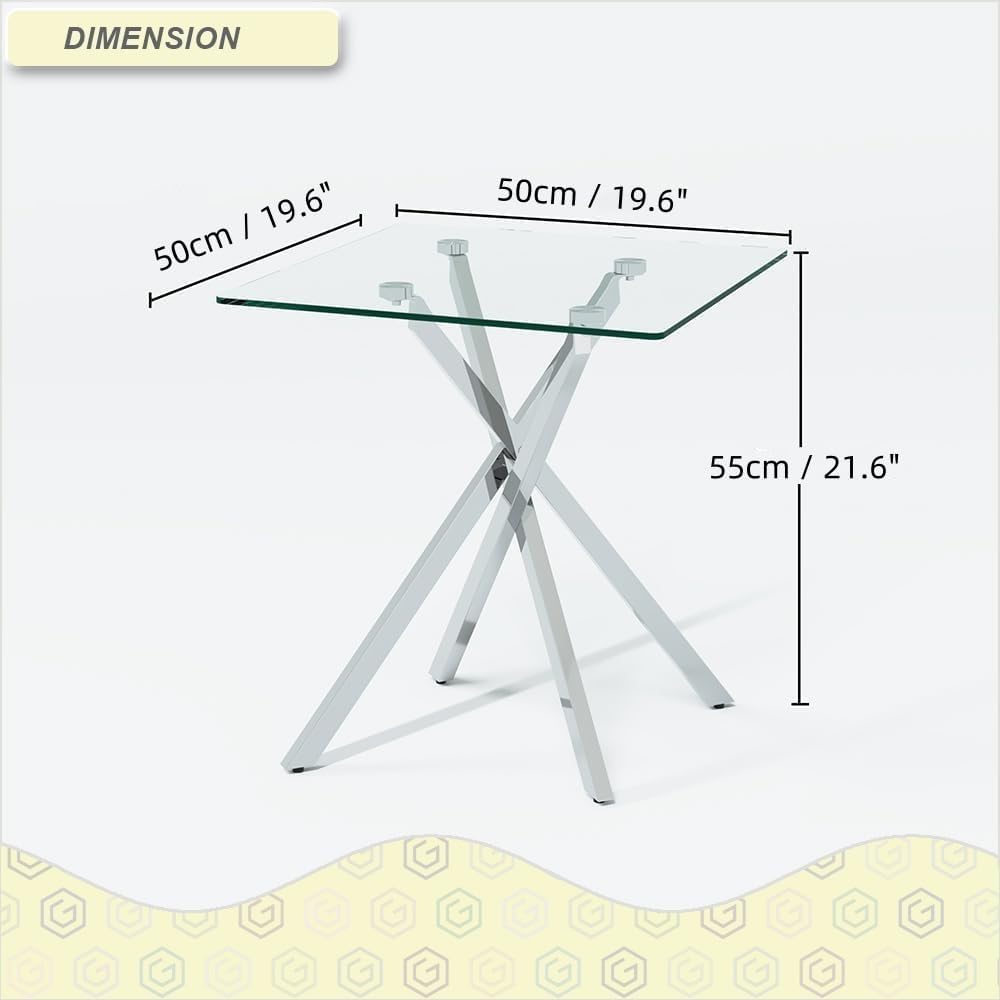 NIERN Small Side Coffee Table with Chromed Legs, Tempered Glass Square Modern End Table for Living Room Sofa Home Office (1, Silver, 19.68"×19.68"×21.65")