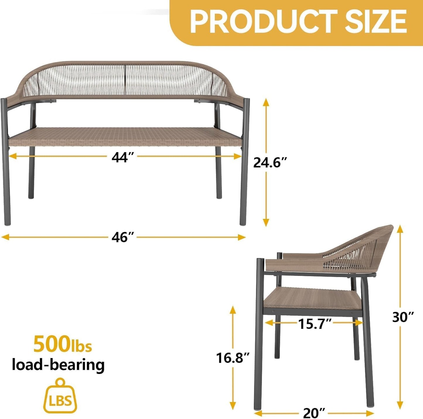 OPENAIRCOMFORT Outdoor Loveseat Bench,46.8 Inches Wicker Frame Patio Bench, All Weather Outdoor Bench with Rattan Backrest Armrests and Metal Legs for Lawn, Front Porch, Park, Yard