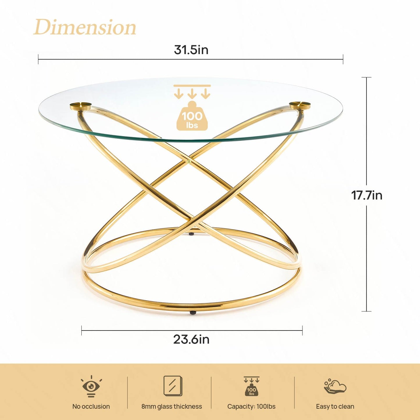 BECHAEO 31.5'' Round Glass Coffee Table with Gold-Plating Bright Metal Oval Frame, Modern Circle Gold Coffee Table for Living Room