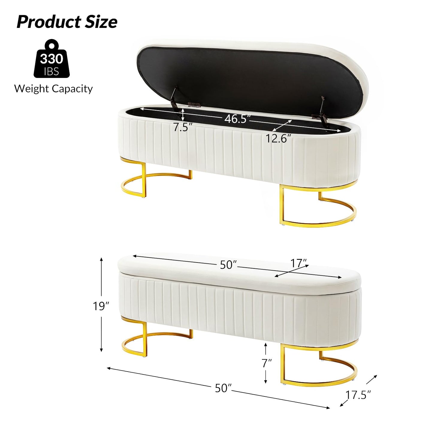 EcoHarbor Living 50" Storage Ottoman Bench with 2 Additional Ottomans, End of Bed Bench Bedroom Bench, Upholstered Velvet Long Window Bench with Gold Legs, Flipping Lid Entryway Footrest