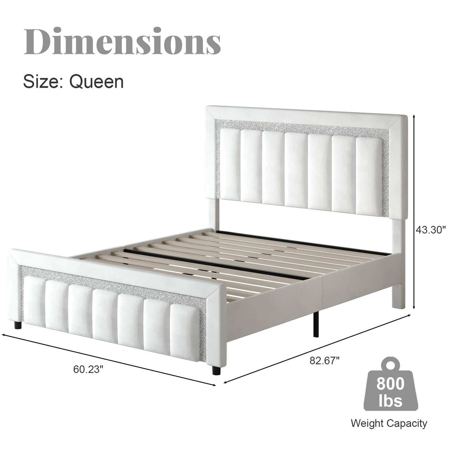 HOMBCK Queen Bed Frame, Upholstered Platform Bed with Headboard and Footboard, Bed Queen Size with Diamond Design and Wooden Slats Support, No Box Spring Needed, Easy Assembly, White