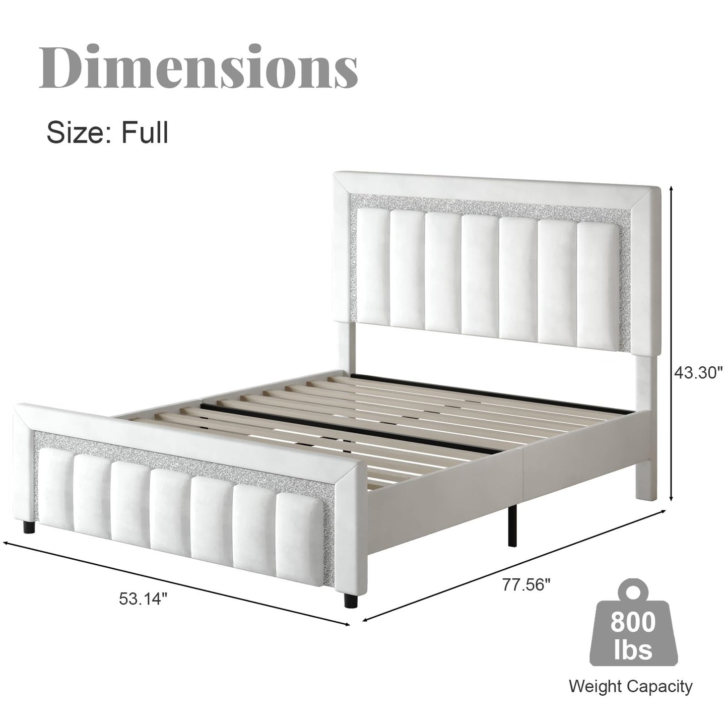HOMBCK Full Size Bed Frame, Full Bed Frames with Upholstered Headboard, Princess Platform Bed with Diamond Design and Wooden Slats Support, No Box Spring Needed, Easy Assembly, White