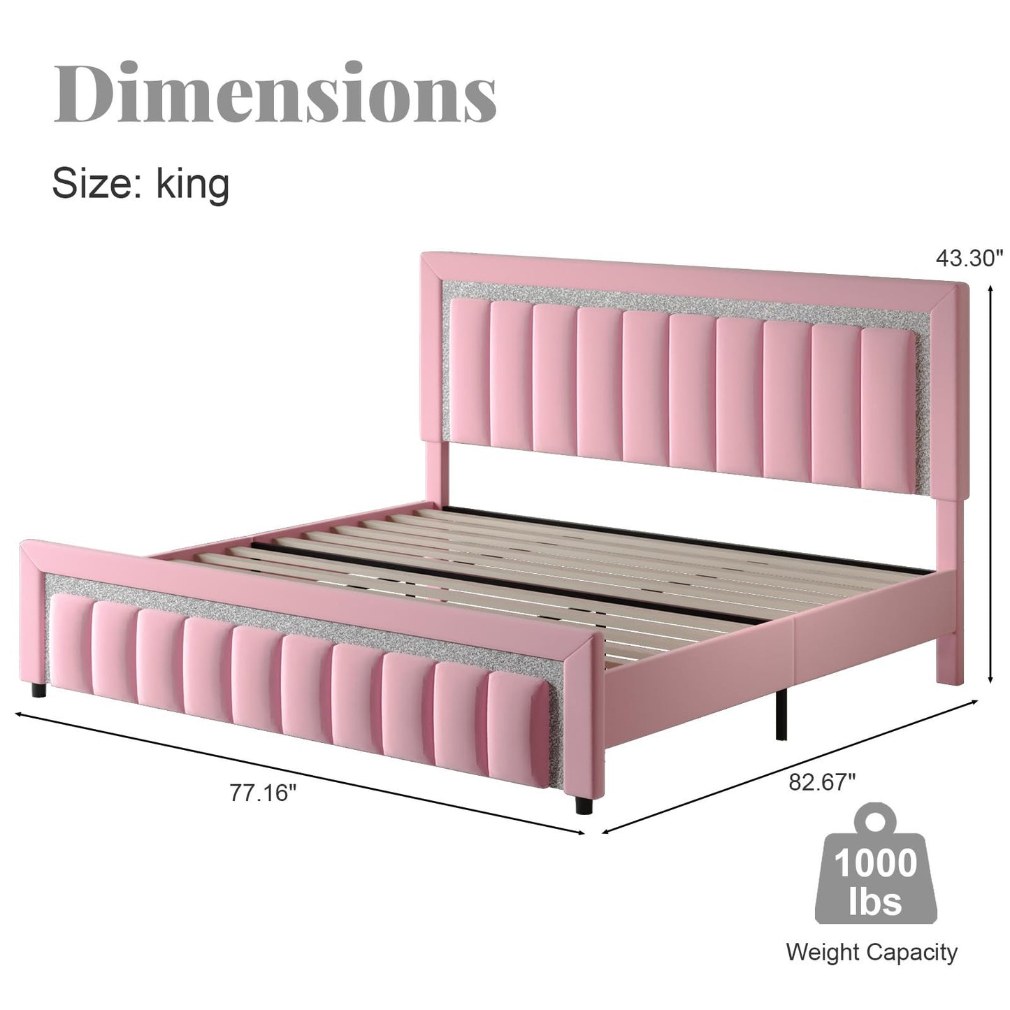 HOMBCK King Size Bed Frame, Velvet Upholstered Bed with Diamond Headboard, Modern Bed King Szie with Wooden Slats Support, No Box Spring Needed, Easy Assembly, Pink