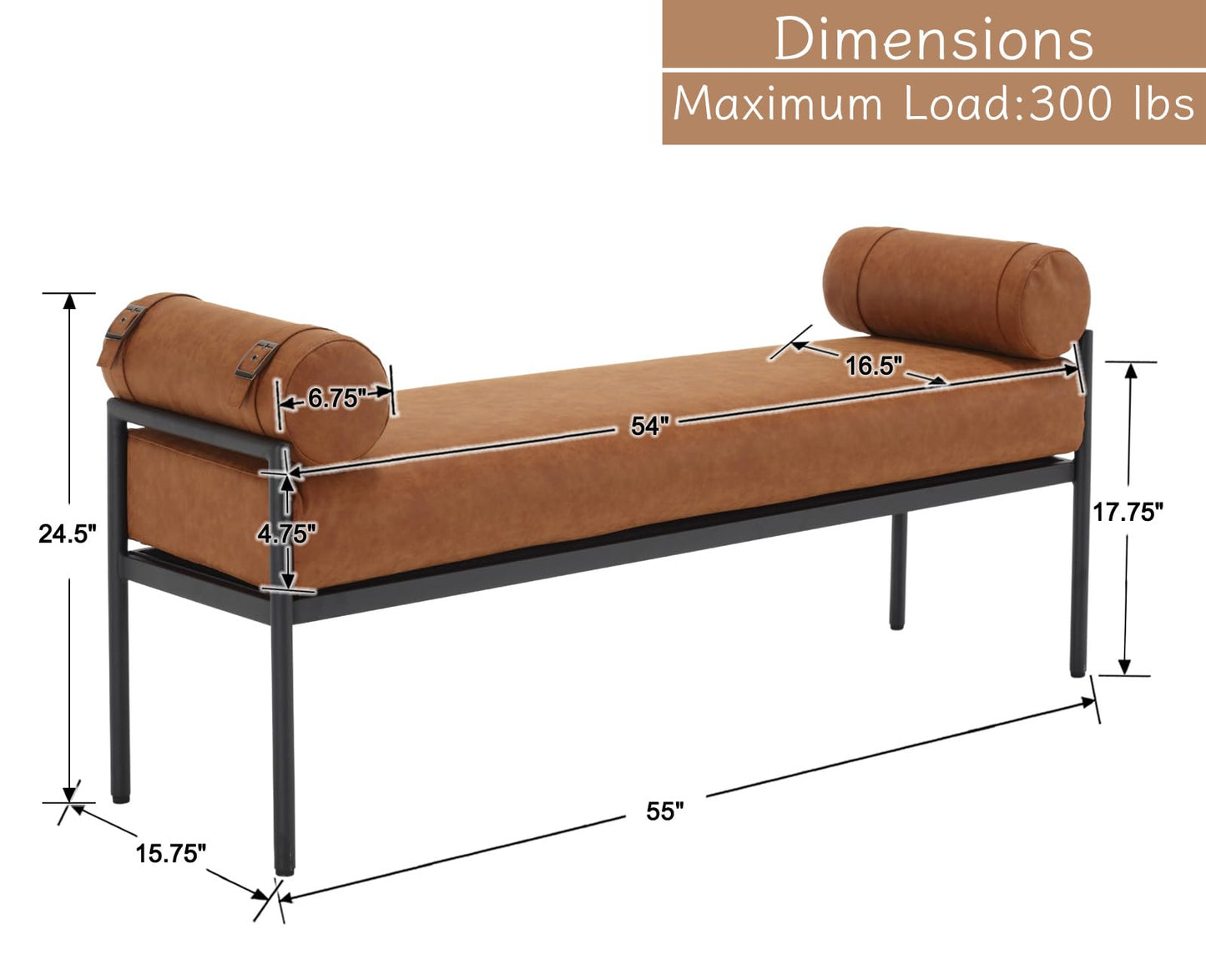 Shunzhi Brown Leather Modern End of Bed Bench Upholstered Entryway Bench with Detachable Cylindrical Pillows/Metal Legs PU Ottoman Bench for Living Room/Bedroom/Hallway/Corner, 55Inch