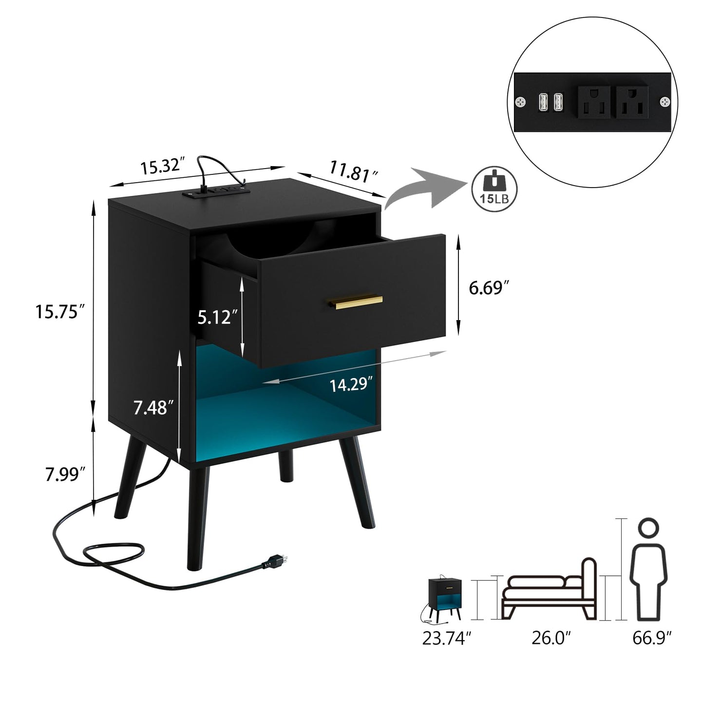 Aienvey Nightstand with Charging Station and LED Lights, Small Side Table, Bedside Table with Drawer, Modern Night Stand, End Table for Bedroom, Living Room (Black)