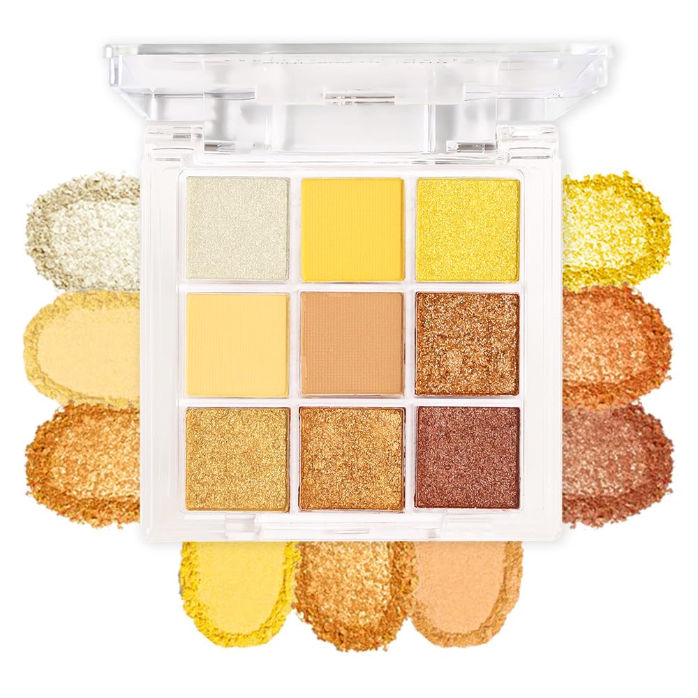 evpct 9 Colors Yellow Gold Bronze Cocoa Maroon Glitter Shimmer Matte Eye Shadow Palette Makeup, Highly Pigmented Waterproof Yellow Gold Bronze Cocoa Maroon Shimmer Sparkling Party Eyeshadow Palette