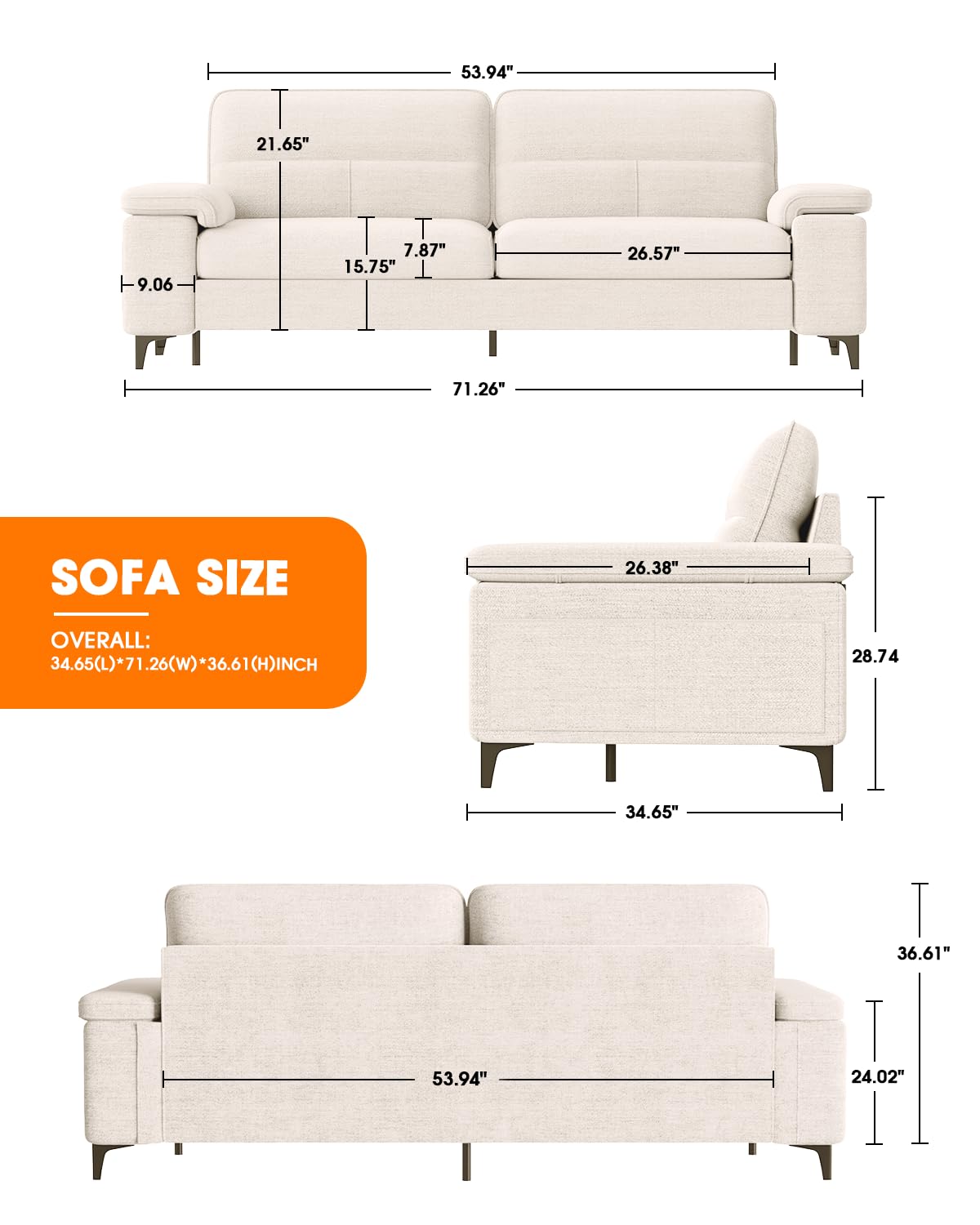 71.25" Modern Sofa Couch for Living Room, Deep Seat Sofas with 8”Cushion, Comfy 2-Seater Chenille Loveseat with Convertible Armrest, Removable Sofa Cover, High Leg (Beige)