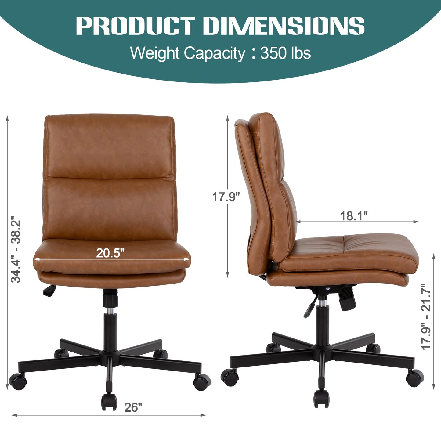 LUCKWIND Armless Office Desk Chair with Wheels, Mid-Back Criss Cross Swivel Task Chair, Height Adjustable Cushioned Vanity Chair, Double Padded PU-Leather Chairs for Home, Office & Bedroom (Brown)