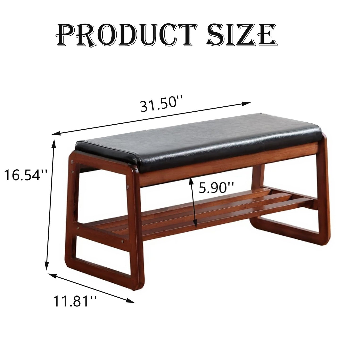 latifolia Solid Wood Bench, Entryway Shoe Bench with Cushion, 2 Tier Shoe Storage Organizer for Hallway, Living Room(Black,31.50''L)