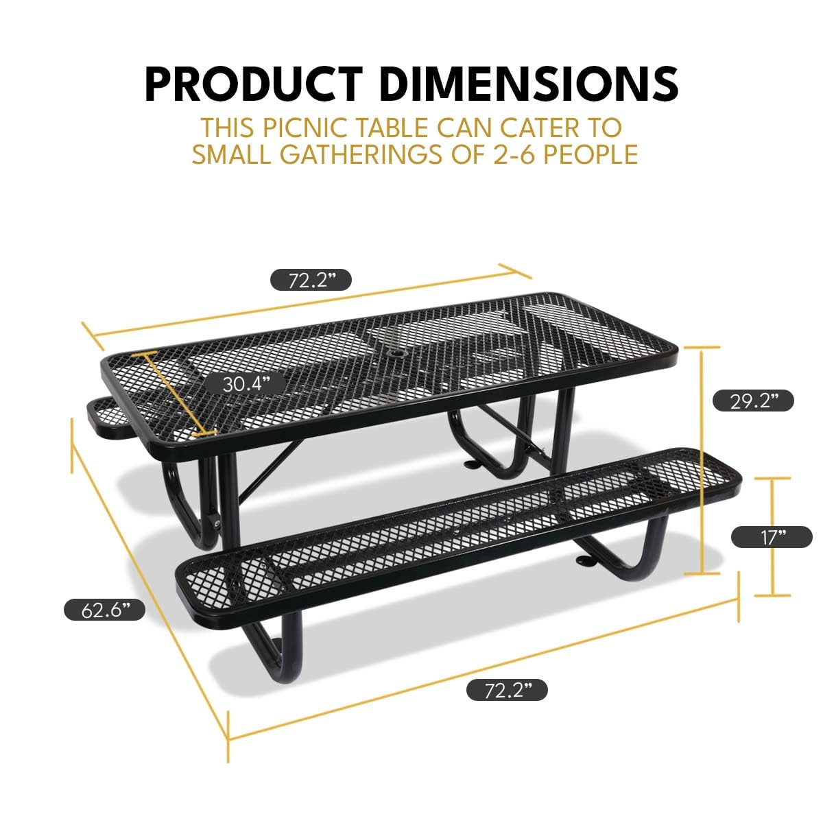Anqtovp 6 ft. Heavy-Duty Steel Outdoor Picnic Table with Umbrella Pole,Rectangular Weather-Resistant Dining Table for Backyard,Black