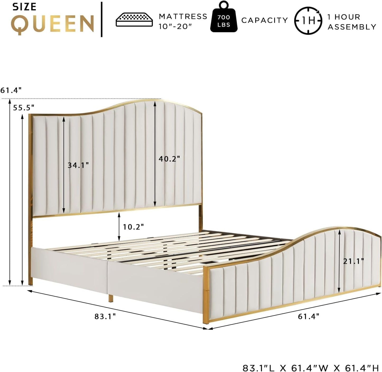 AMERLIFE Queen Size Bed Frame, 61.4" High Headboard Platform Bed Velvet Upholstered with Gold Trim & Footboard/Wooden Slats/No Box Spring Required/Cream
