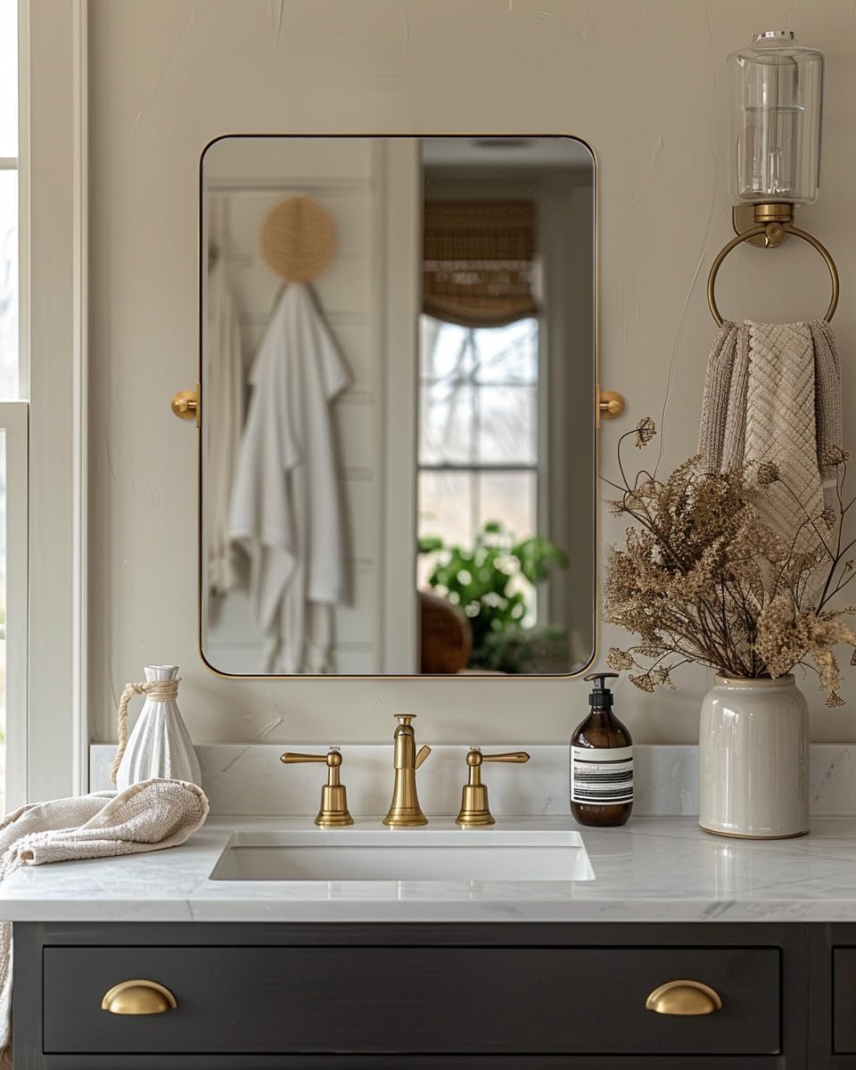 ANDY STAR 20"x30" Brushed Gold Pivot Mirror for Bathroom, Brass Metal Frame Bathroom Mirrors for Wall,Rectangle Titling Vanity Wall Mirror with Rounded Corner Design Hangs Vertically Only