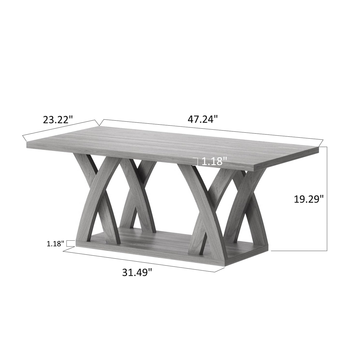 FROMJBEST Farmhouse Coffee Table with Shelf, Wood Coffee Table for Living Room, Open Display Area,47” Grey