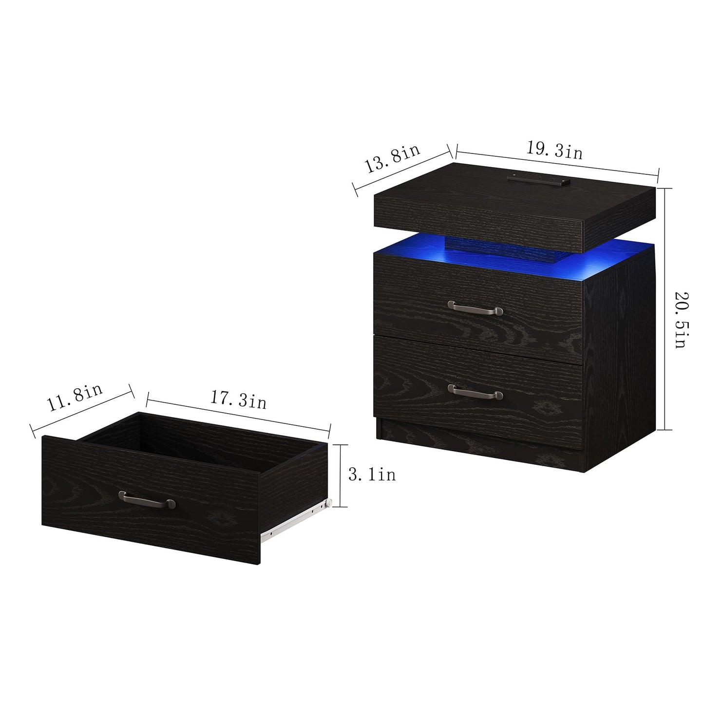 Black Nightstand with Charging Station, Modern Night Stand with LED Lights, End Table Bedside Table with 2 Drawers for Bedroom, Living Room