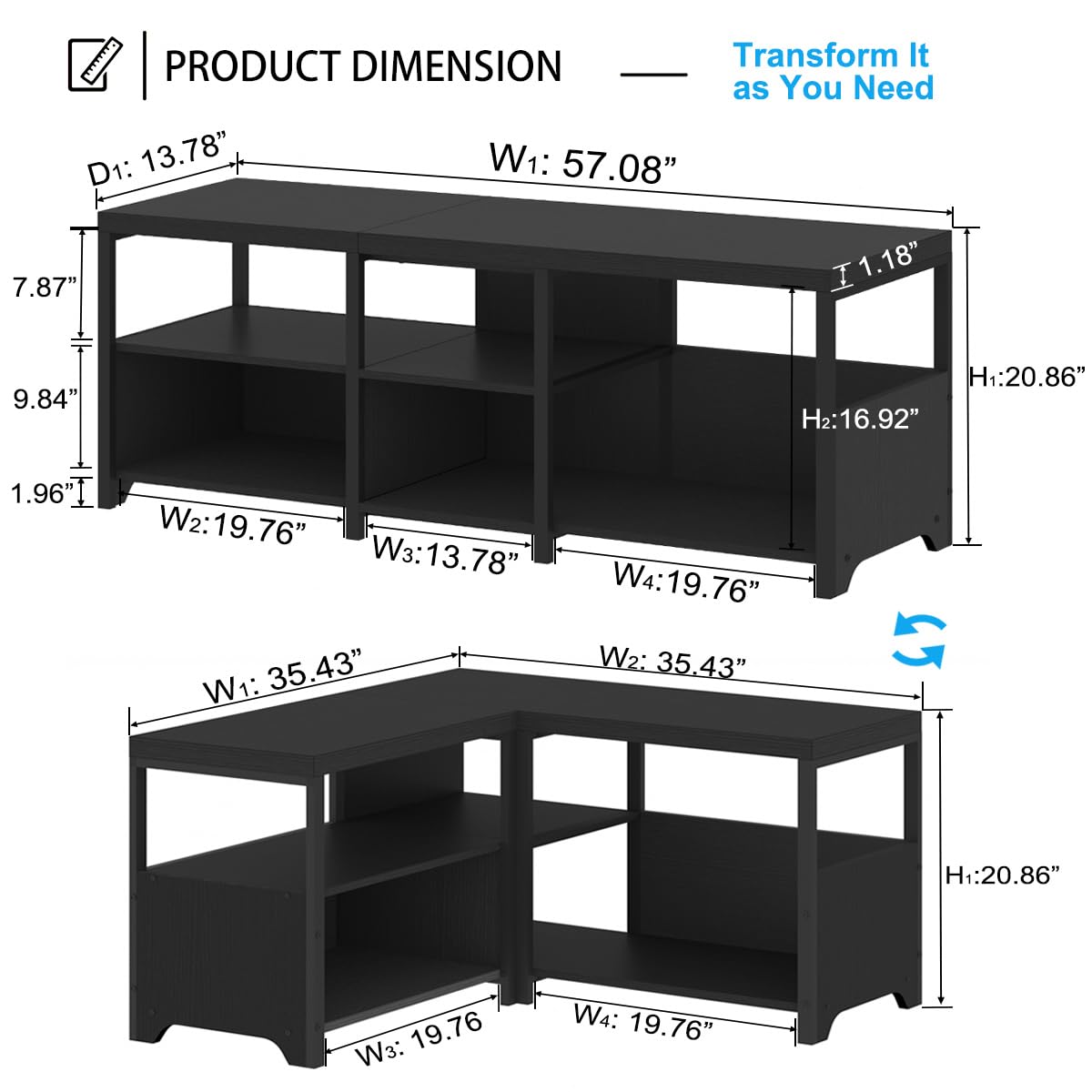 HSH Black Bench, 57” Long Entryway Bench with Shoe Storage, Corner Convertible Storage Bench with Shelf for Foyer Entrance, Wooden Metal L Shaped Shoe Rack Benchs for Bedroom Living Room, Black Oak