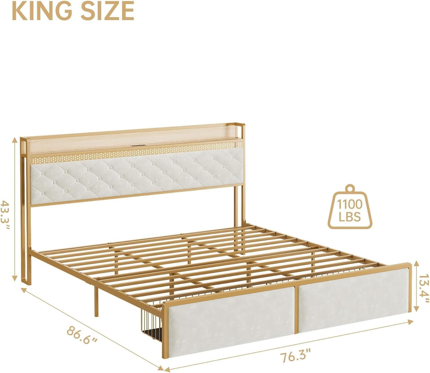 GAOMON King Size Bed Frame with Storage Headboard and Charging Station, Metal Platform Bed Frame with 2 Storage Drawers and LED Lights, Noise-Free, No Box Spring Needed, Rustic White