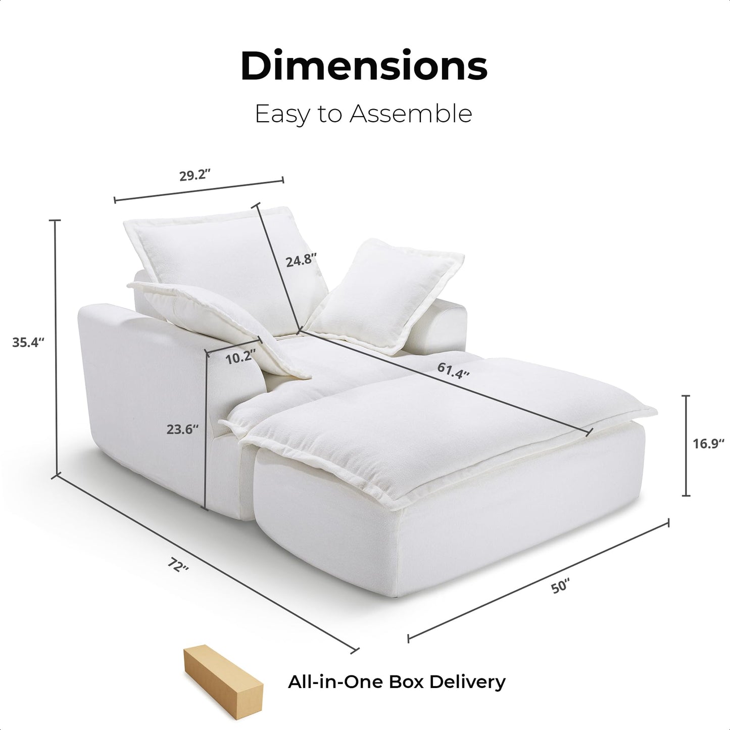 LIKIMIO 50" Oversized Chaise Lounge Sofa Bed, Recliner Chair with Ottoman for Living Room, Small Space, Cloud Comfort, Chenille Upholstered, White