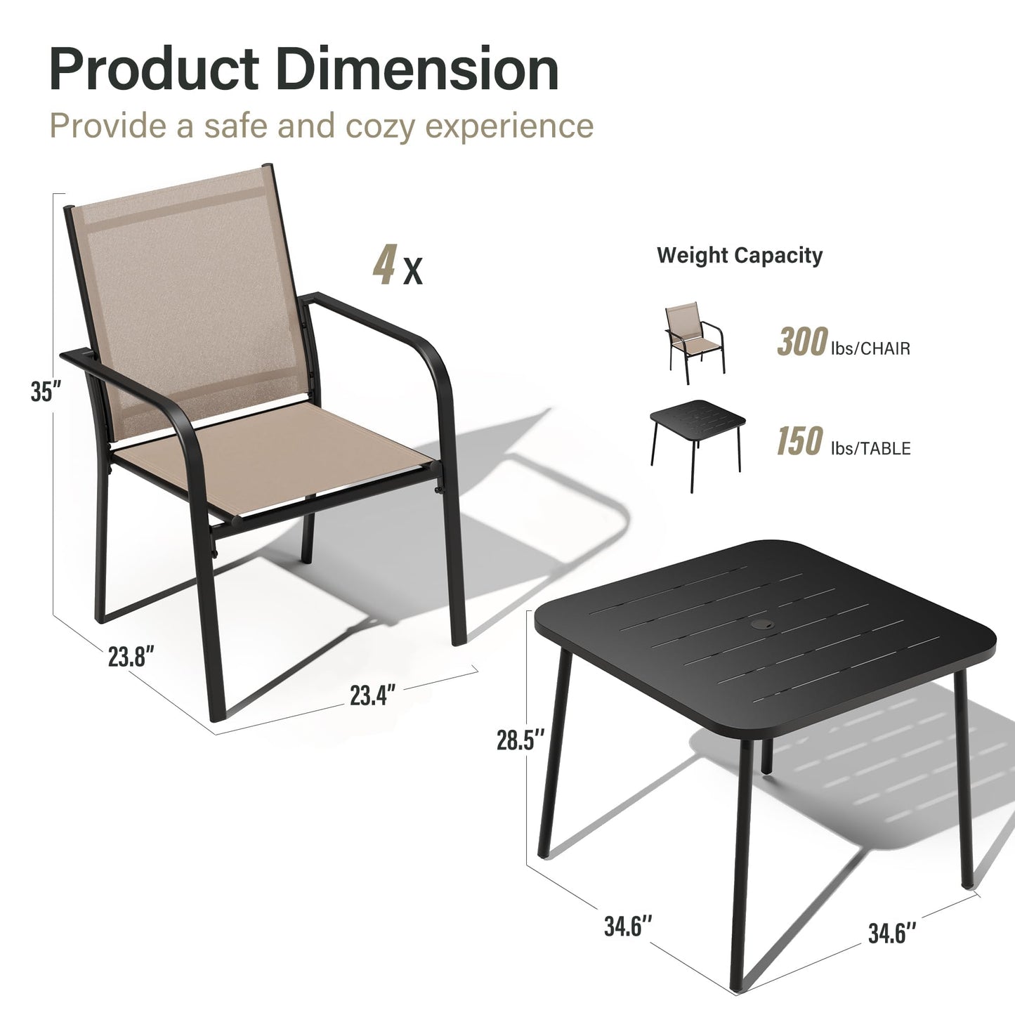 LAUSAINT HOME 5-Piece Outdoor Dining Set, Patio Furniture Set with Textilene Chairs and Square Metal Table, All-Weather Table and Chairs Set with Umbrella Hole for Backyard, Garden, and Poolside
