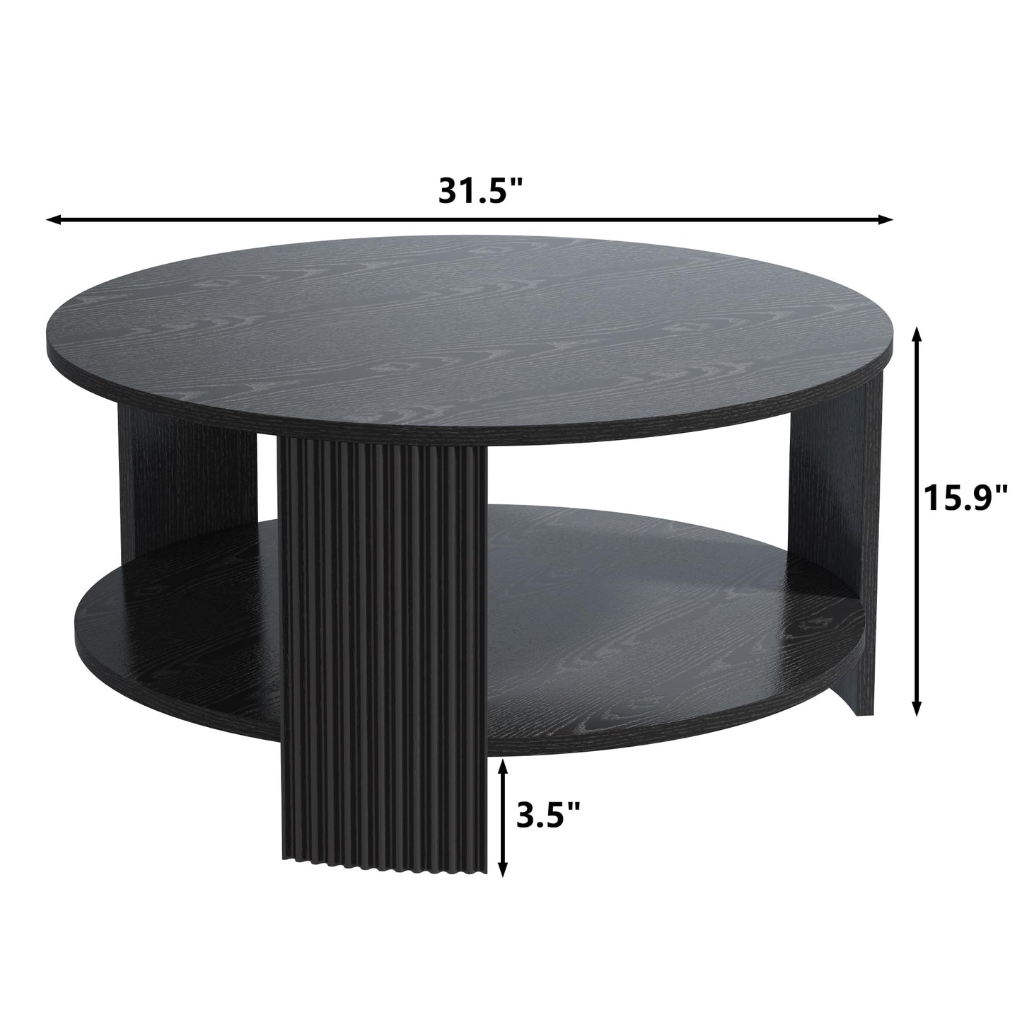 Furniouse Round Coffee Table 31.5''in Modern Coffee Table with Fluted Legs, 2 Tier Circle Wood Coffee Table with Storage for Living Room, Black