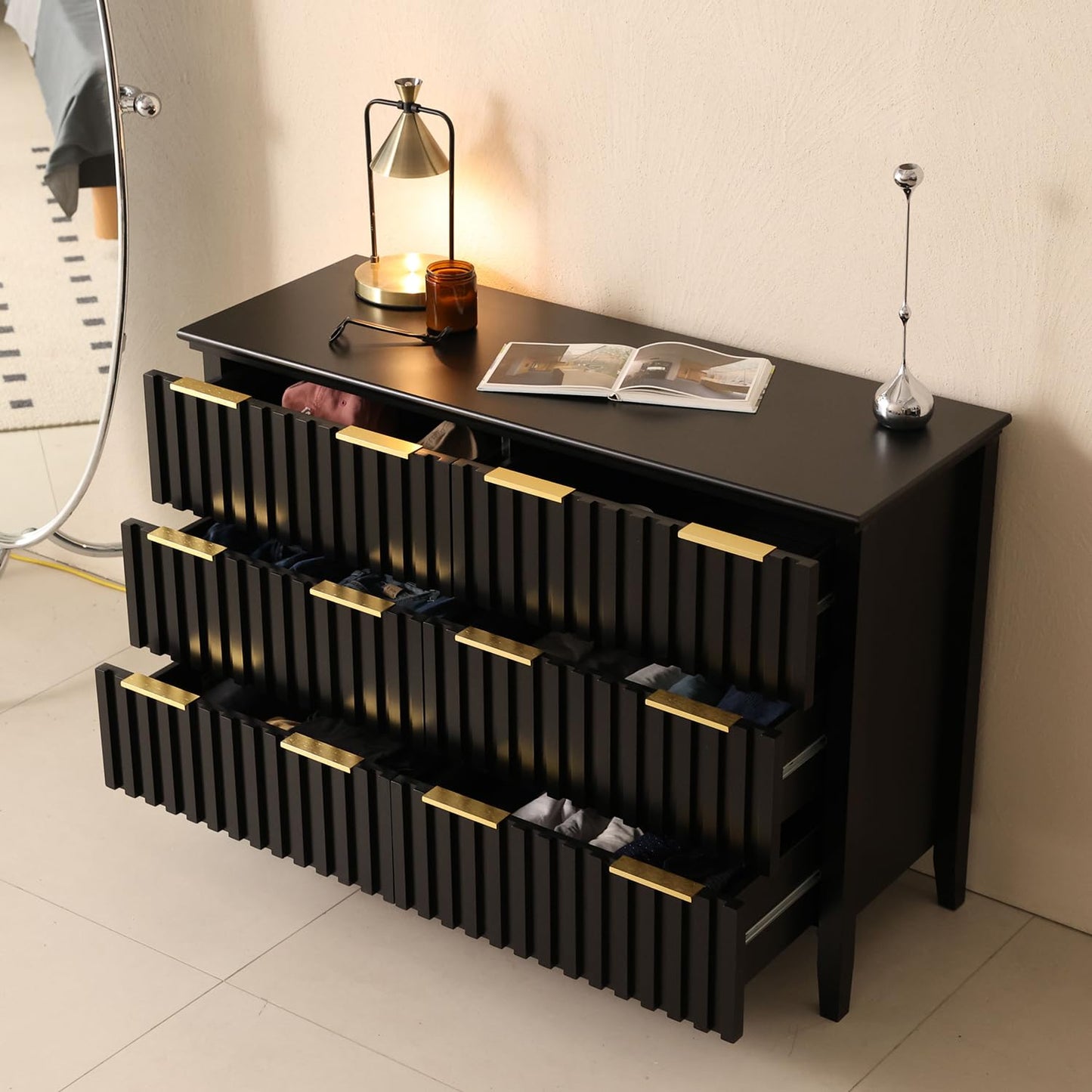 LAZZO 6 Drawer Dresser for Bedroom Black Fluted Wooden Dresser Tall Chest of Drawers with Double Golden Handles Modern Storage Chest TV Stand Storage Cabinet for Living Room, Hallway,Closet
