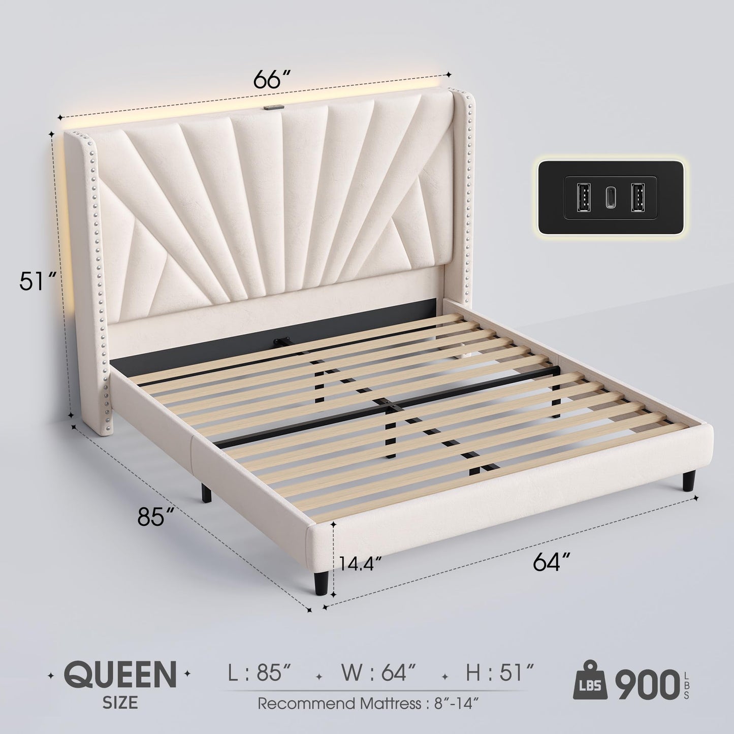 EnHomee Queen Bed Frame with 51" Velvet Upholstered Headboard, Platform Bed with Charging Station and LED Lights, Wingback Headboard, No Box Spring Needed, Noise-Free, Beige