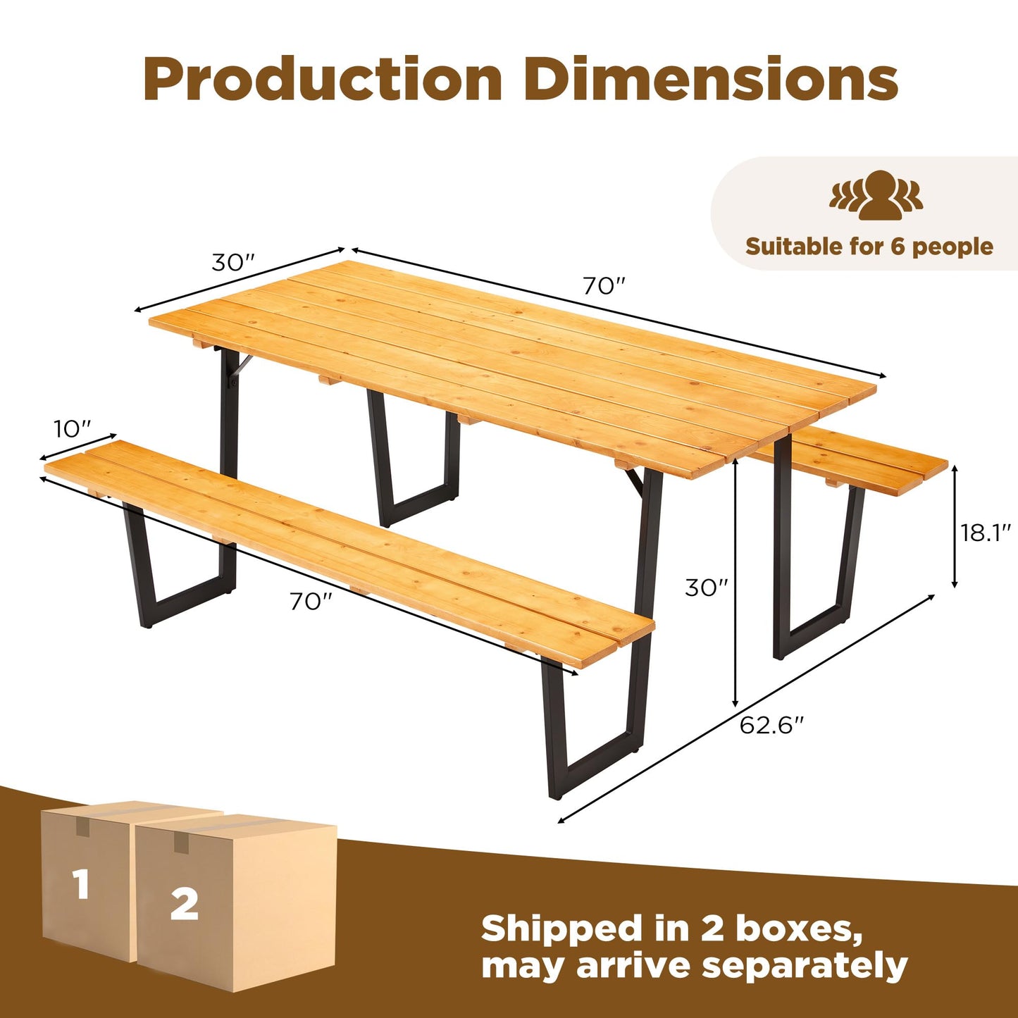 AVAWING 70" Wood Picnic Table for Outdoor, Rectangle Patio Dining Table and Bench Set, Heavy-Duty Picnic Beer Table Bench Set for Garden, Lawn & Backyard, Yellow