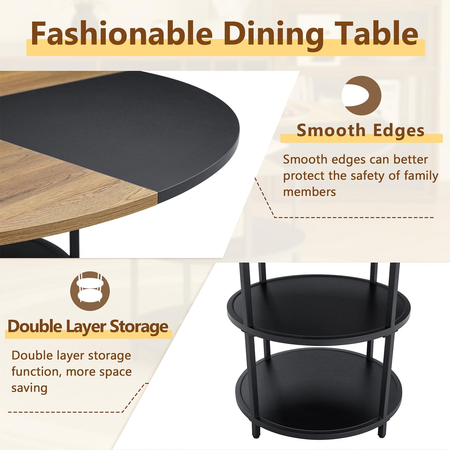 CLLASOU Round Dining Table for 4-6, Dining Room Table with Storage Shelf, Modern Wood Dinner Table with Metal Support for Dining Room, Living Room, Kitchen, Black & Rustic