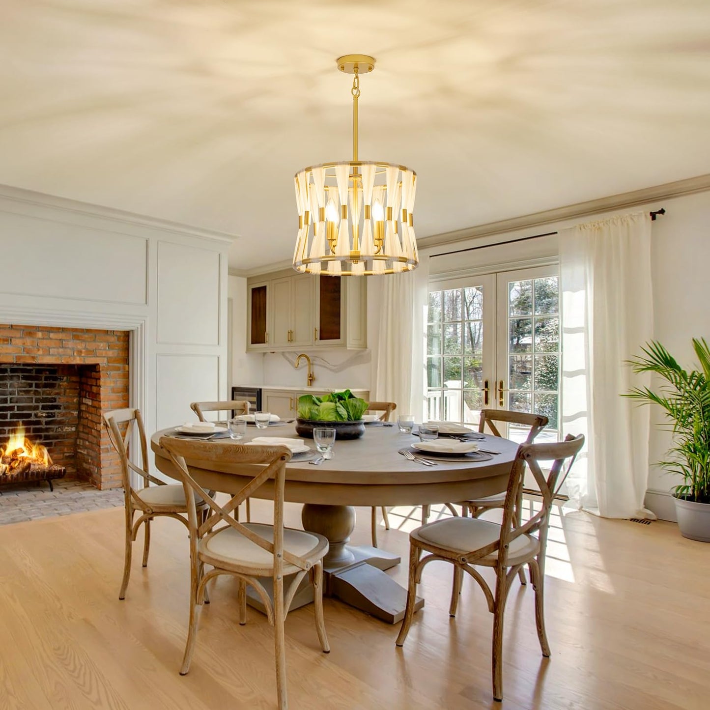 Karjearl Gold Chandeliers for Dining Room, 15" 4-Light Modern Drum Dining Room Light Fixtures Over Table, Farmhouse Gold Pendant Light for Dining Room Kitchen Island Living Room Entryway Foyer