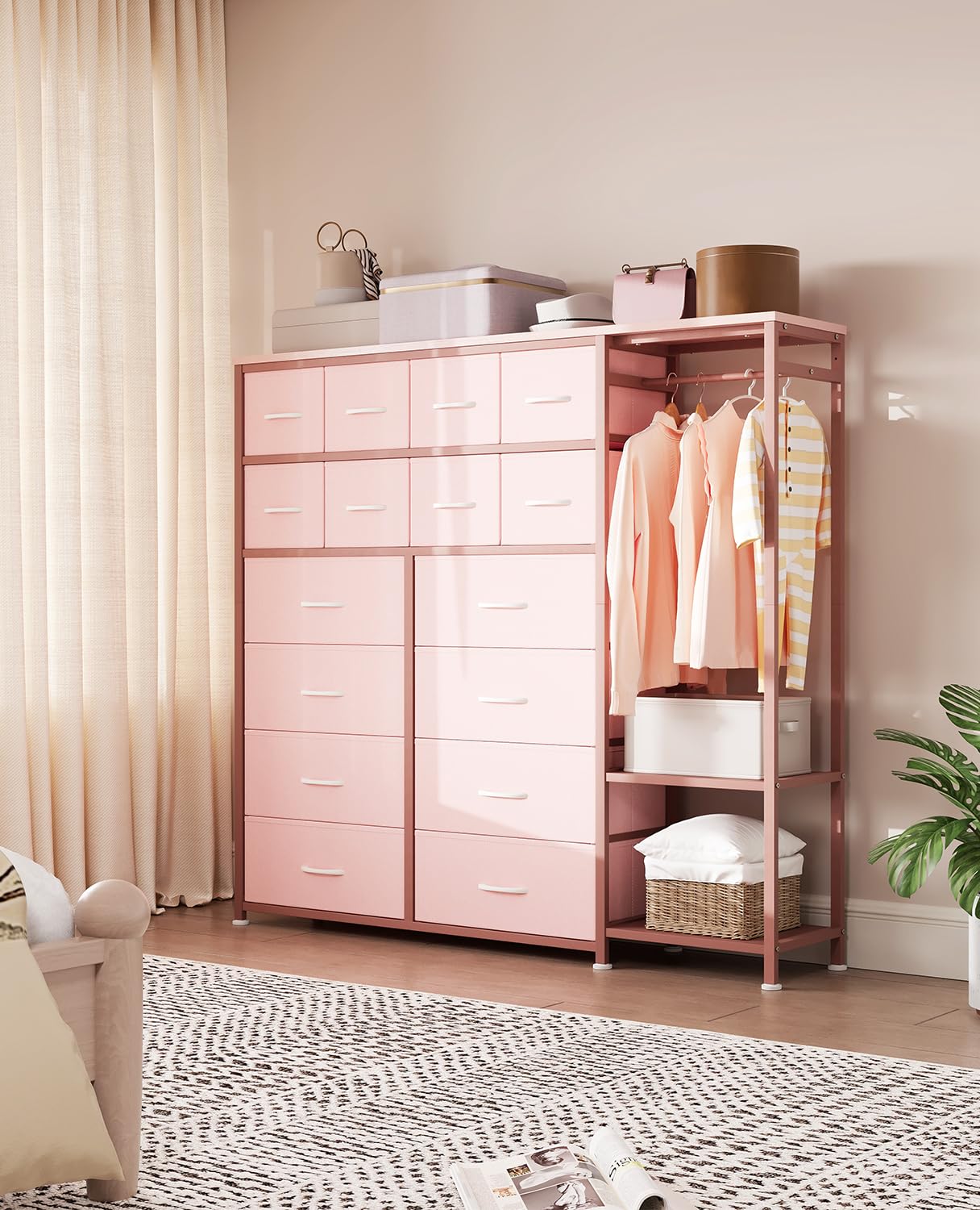 Jojoka Wardrobe Closet, Clothes Rack with 16 Fabric Drawers, Portable Closet Wardrobe with 2 Shelves and Hanging Rod, Heavy Duty Garment Rack, Storage Organizer