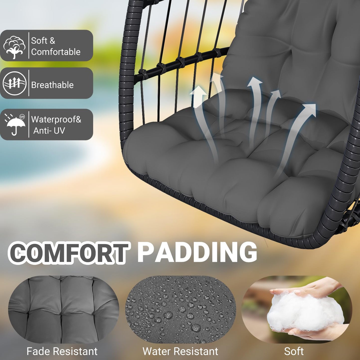 CHABATREE Egg Chair with Stand,Patio Rattan Wicker Hanging Swing Egg Chair Hammock Chair for Bedroom Porch Garden,Thickened Aluminum Alloy Steel Frame and UV Resistant Cushion,350LBS Capacity