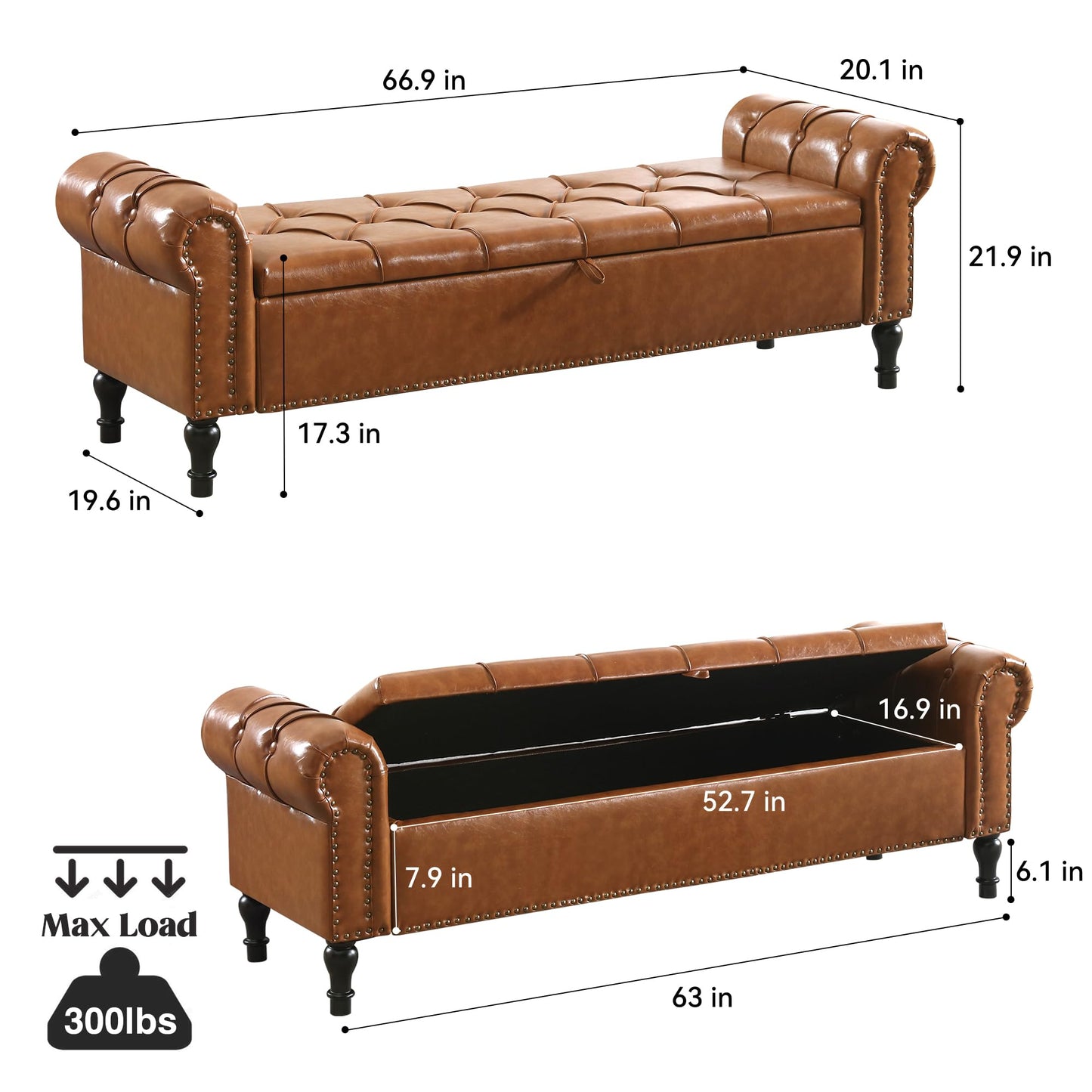 HOMYKA Faux Leather Storage Bench for Bed Room 67 Inch Upholstered Tufted Ottoman Bench with Arms King Size Large Storage Space End of Bed Benches for Bedroom Living Room Entryway Brown