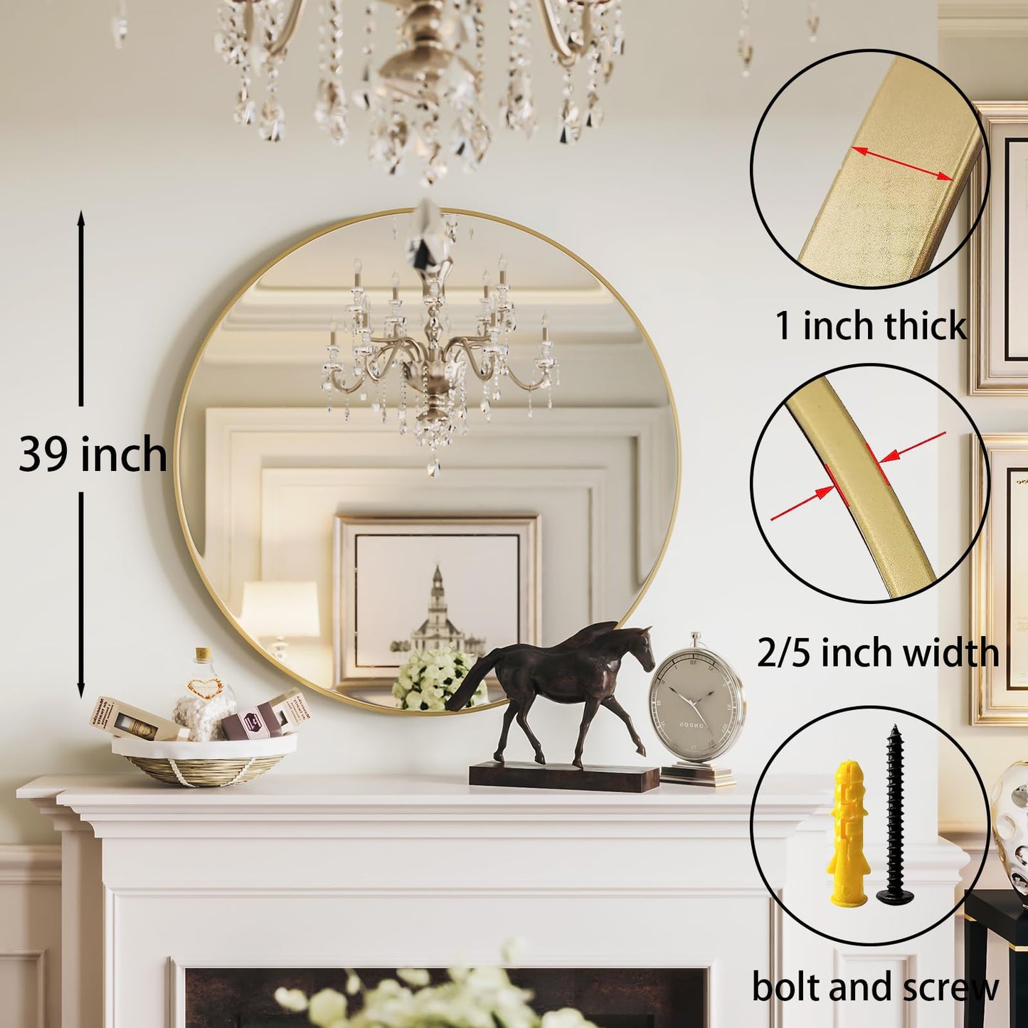 Growsun 39 inch Gold Round Mirror Large Wall Mounted Circle Mirror Metal Frame for Bathroom, Entry, Dining Room, & Living Room