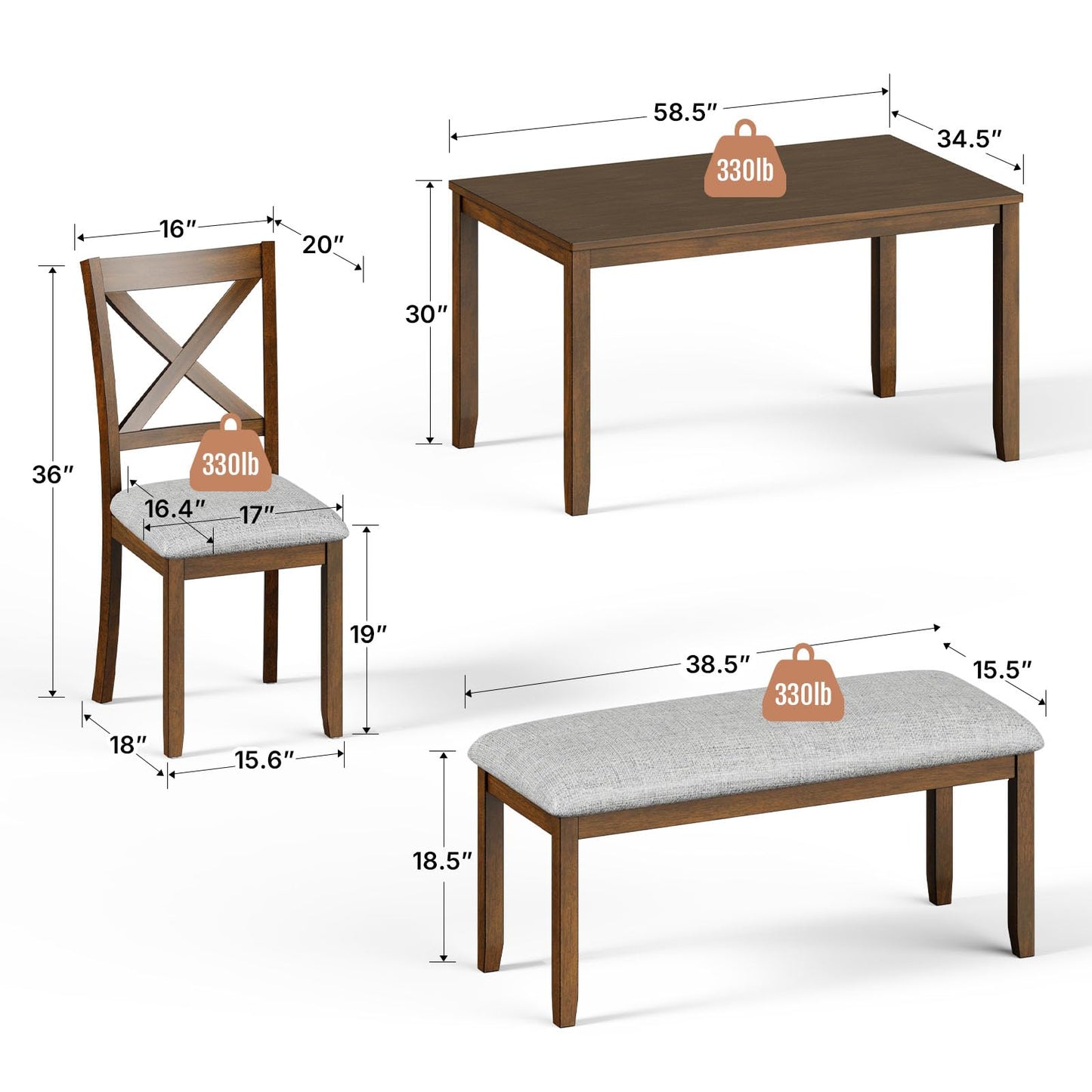 Zevemomo 6-Piece Solid Wood Dining Table Set, Including 1 Dining Table, 4 Upholstered Chairs and 1 Bench, Wooden Dining Table Set for Kitchen, Dining Room, Walnut