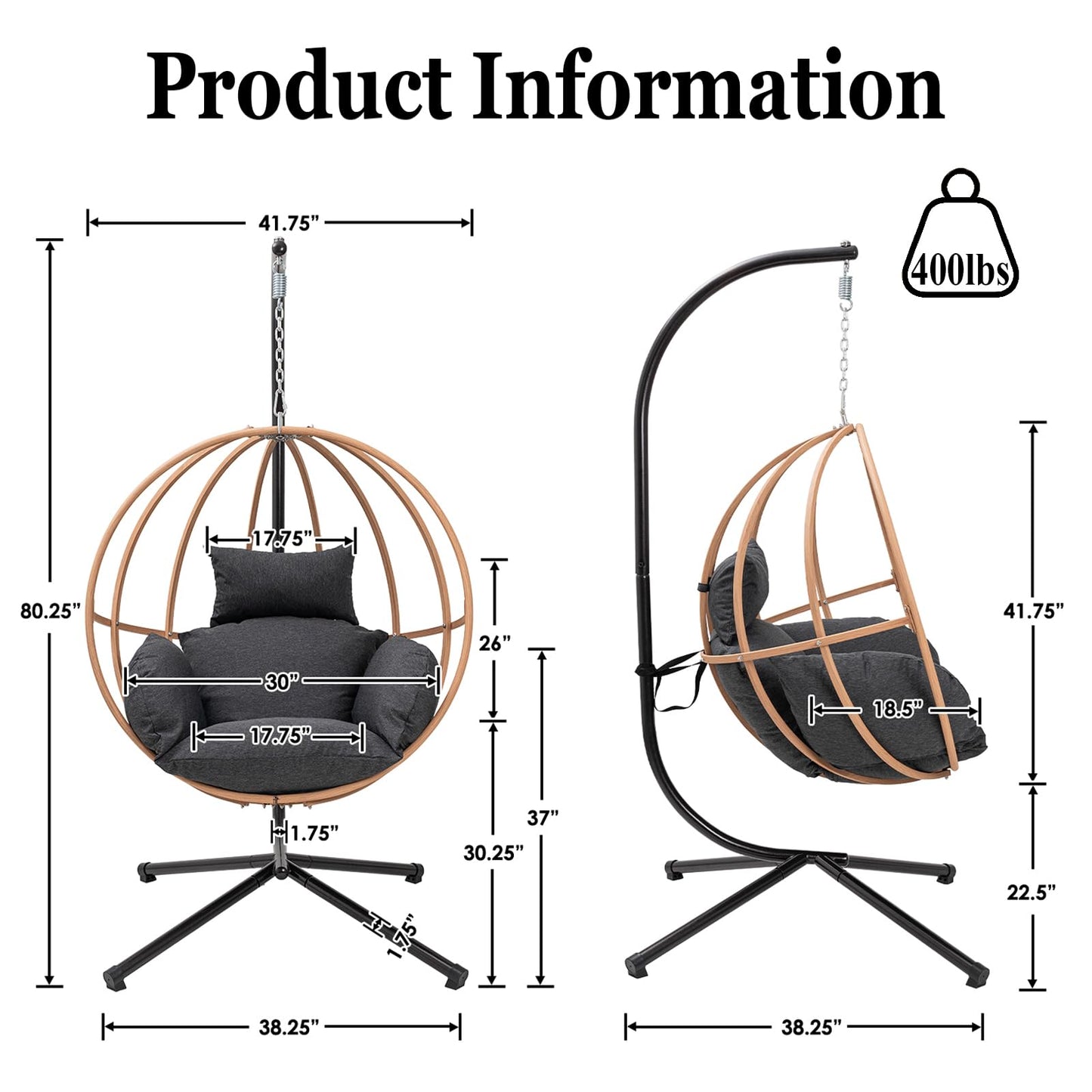 DAYAOUTDOOR Hanging Egg Chair with Stand, Egg Swing Chair Outdoor for Balcony, Patio Hanging Egg Chairs with Cushions for Relaxation in Bedrooms, Gardens, Black