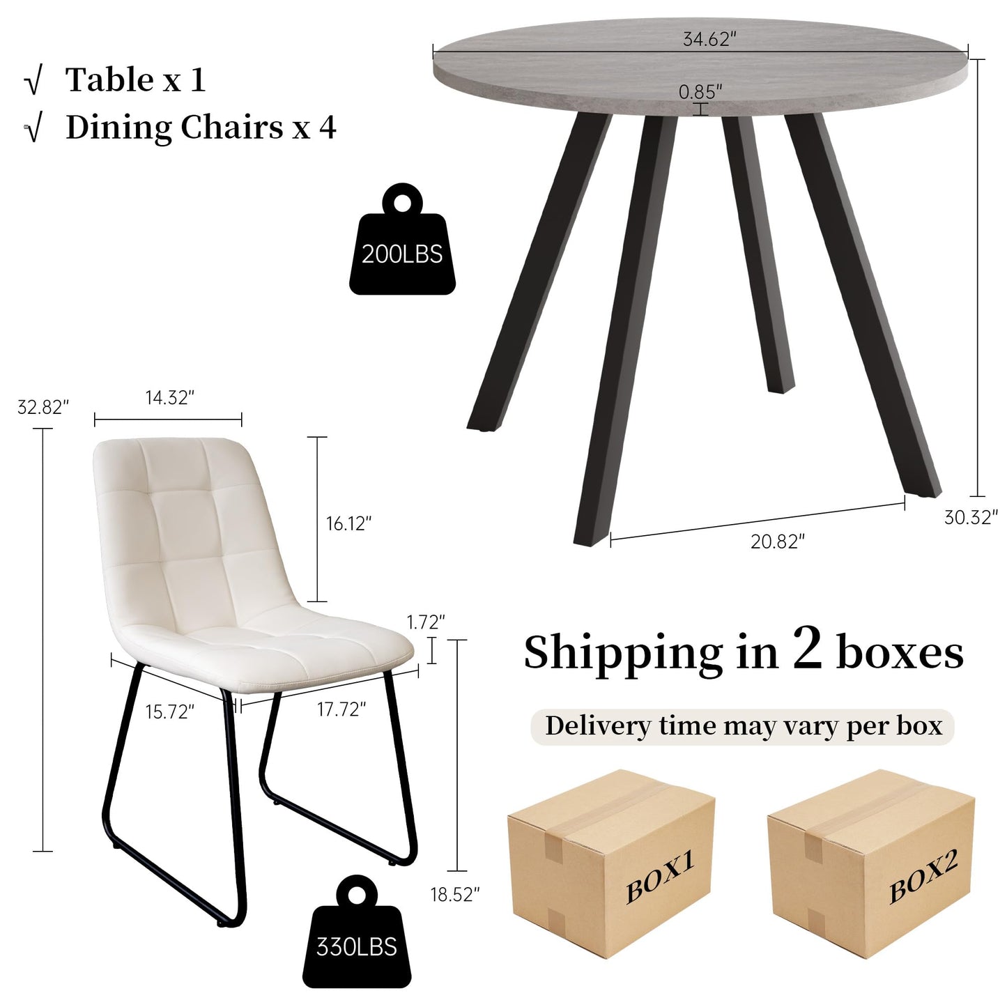 Zerifevni 34.6'' Dining Table and Chairs for 4, Mid Century Modern Round Table Set, Space Saving for Apartment Kitchen Dining Room (Grey Table+4 U-Shaped White Chairs)