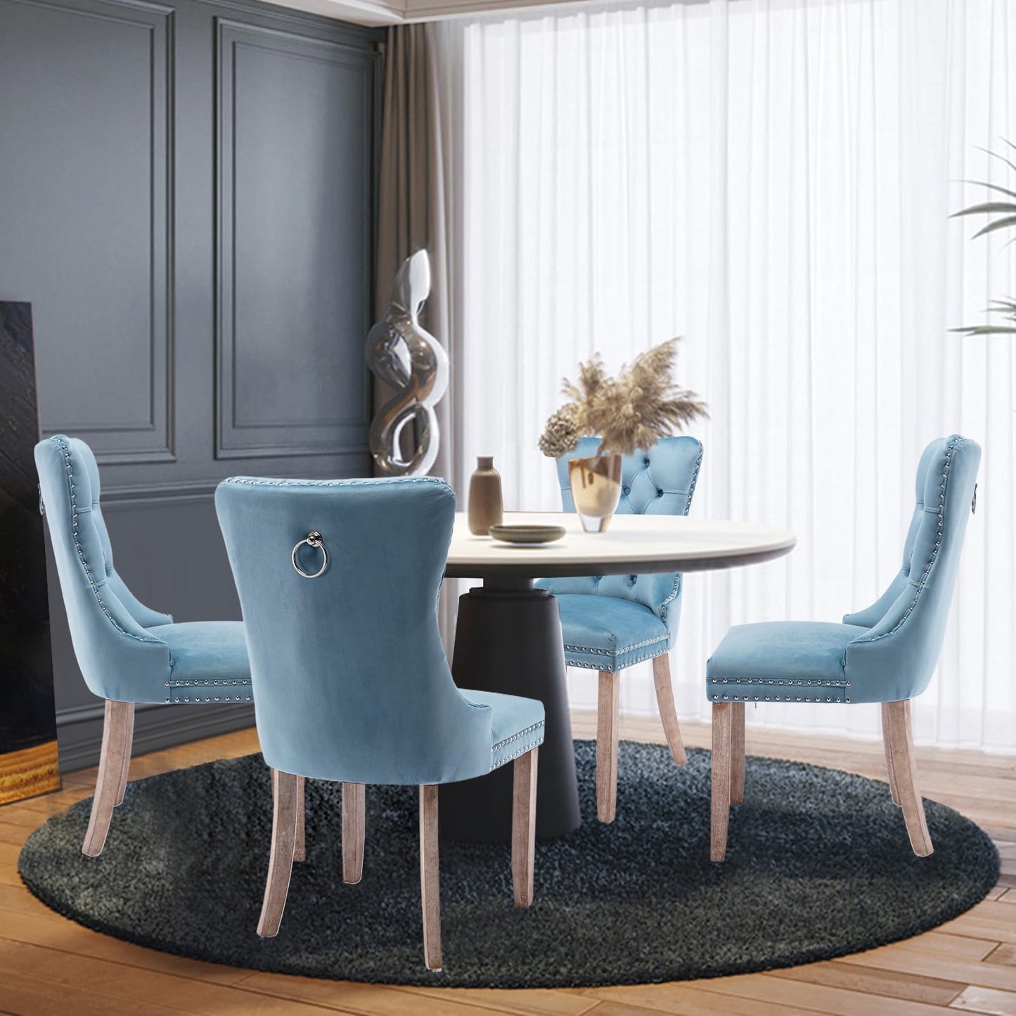 SoarTalent Velvet Upholstered Dining Chairs Set of 4, Modern Style Kitchen Side Chairs with Nailhead Trim and Wood Legs,Metal Pulling Ring for Dining Room Living Room(Sky Blue,Set of 4)
