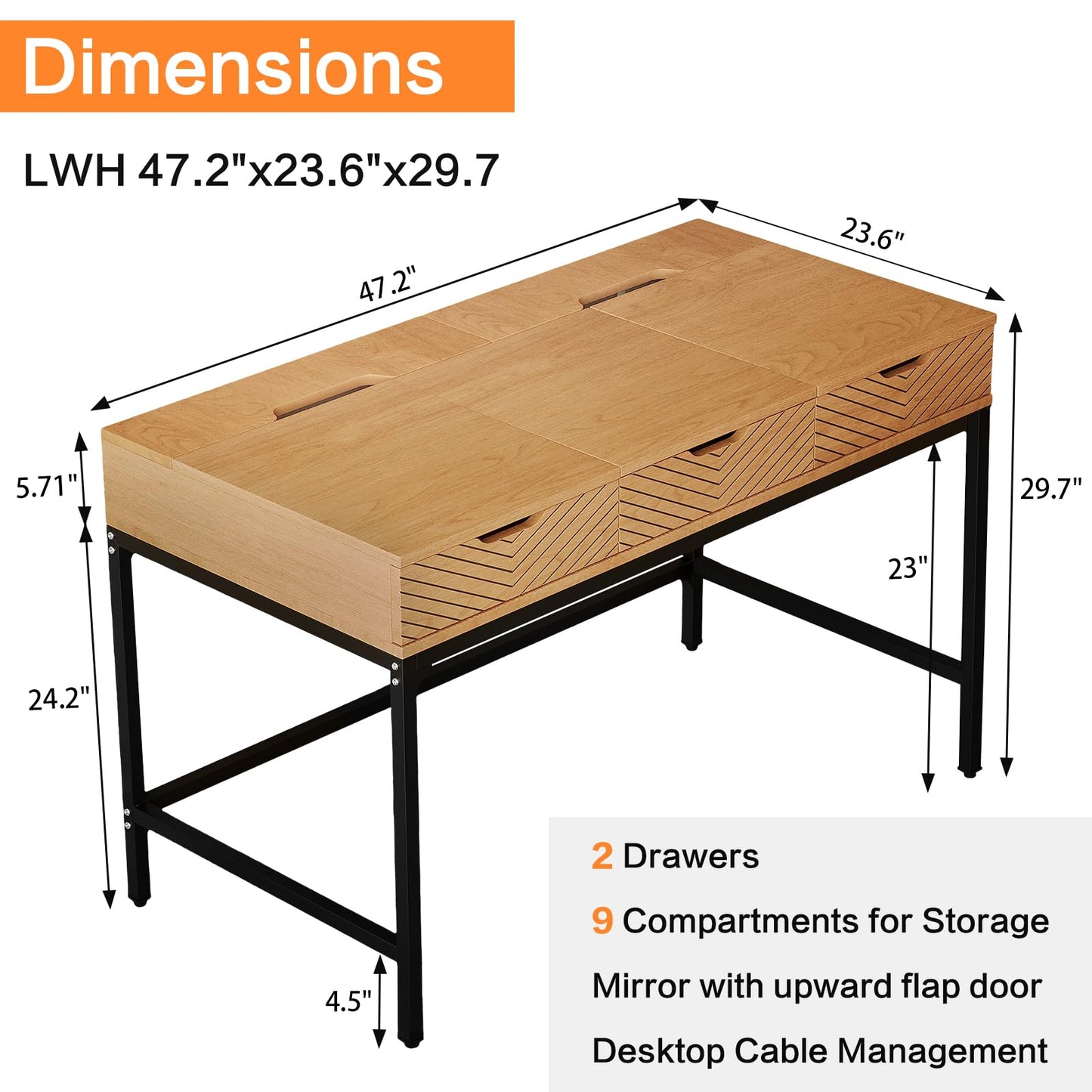 TEKAMON 47" Makeup Vanity Desk with Mirror,Girls Vanity Dressing Table for Bedroom, Home Office/Computer Desk with 2 Drawers, Study Desk with Cable Management, Natural Wood