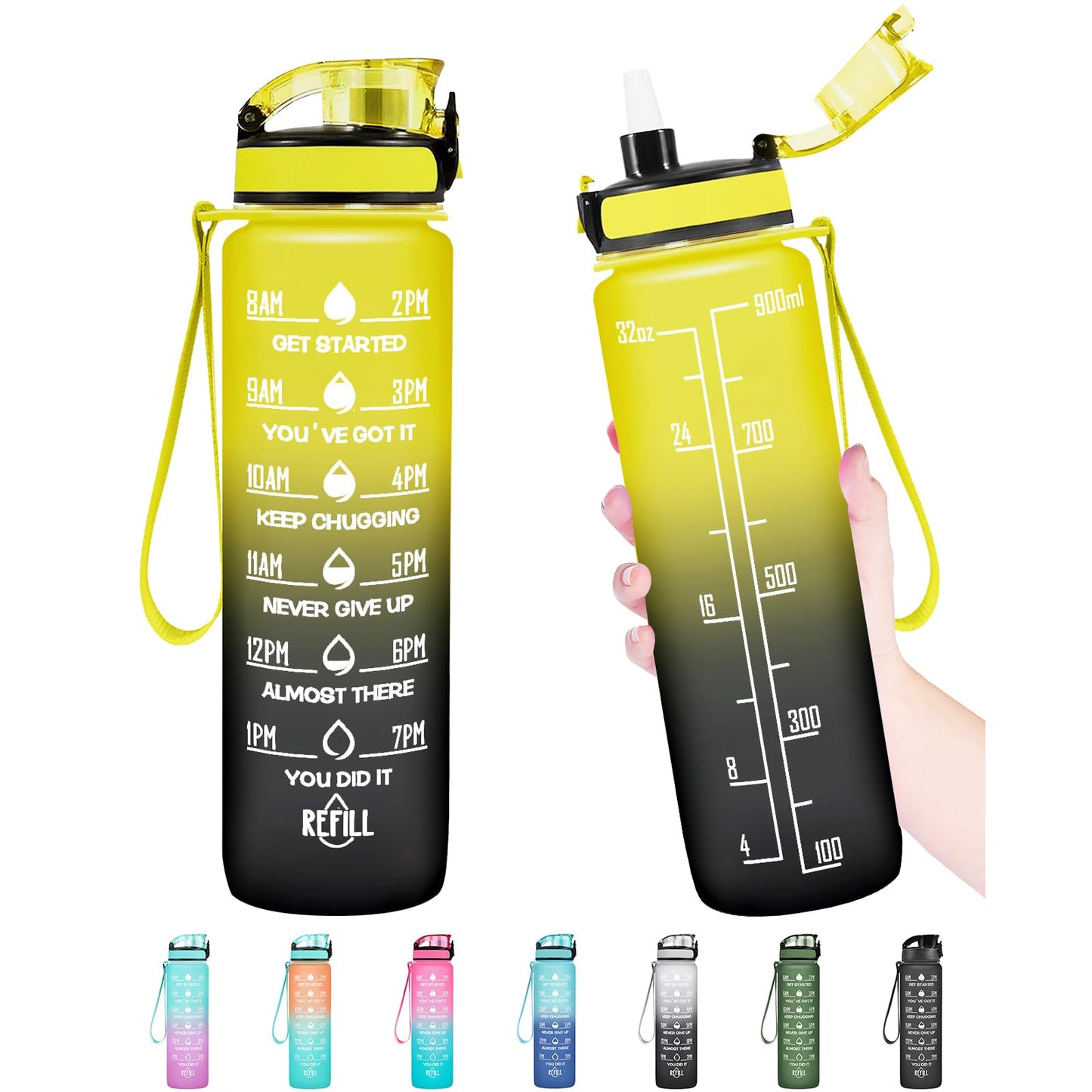 Enerbone 32 oz Water Bottle, Leakproof BPA & Toxic Free, Motivational Water Bottle with Times to Drink and Straw, Fitness Sports Water Bottle with Strap for Office, Gym, Outdoor Sports