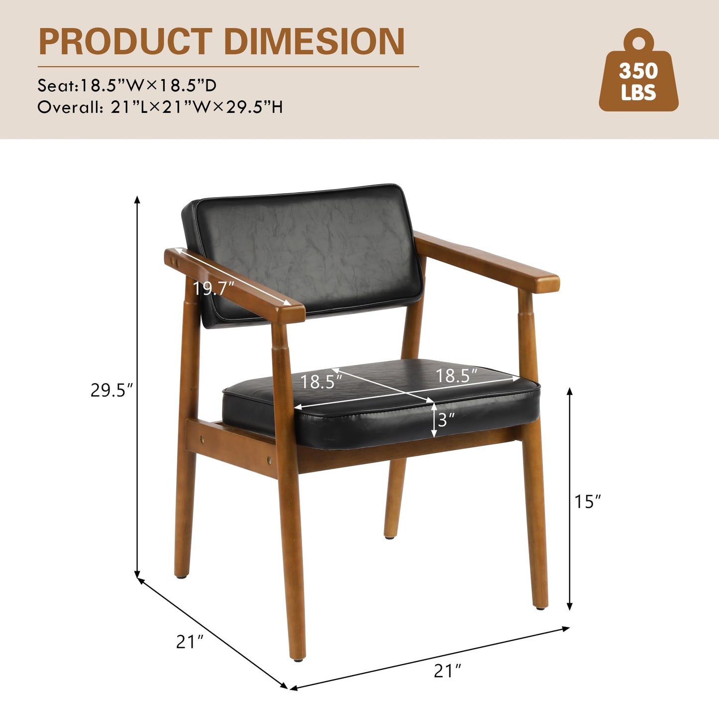 LSSPAID Mid Century Dining Chairs with Wooden Handrail, Black Fabric Upholstered Faux Leather Armchair Comfy Backrest Modern Kitchen Chairs for Bedroom Living Room Dining Room, Set of 1