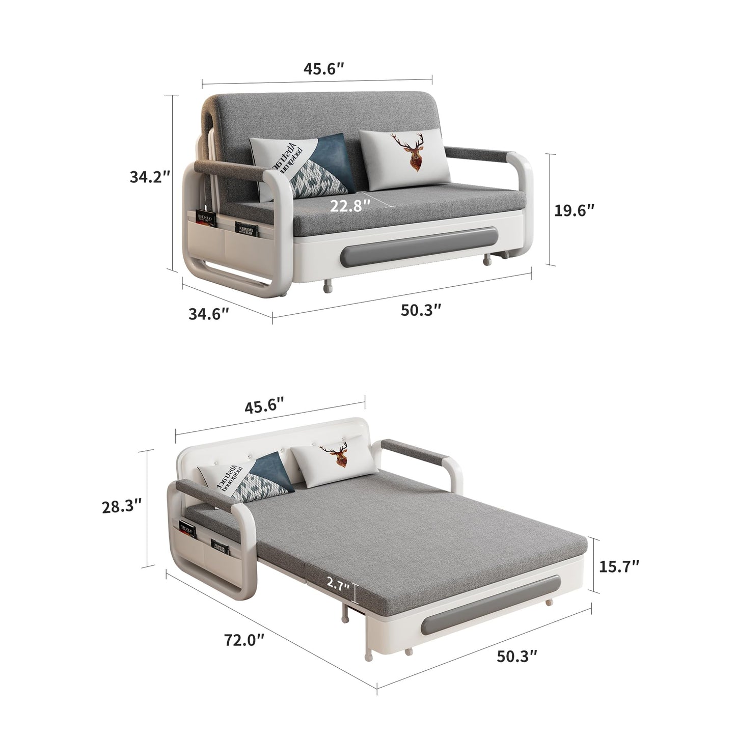 gaoyangjiaju Pull-Out Sofa Daybed with Trundle, Versatile Futon Couch with Sleeping Function and Storage Space, Sofa Bed for Small Rooms and Living Rooms, Dark Grey and White (50.3")