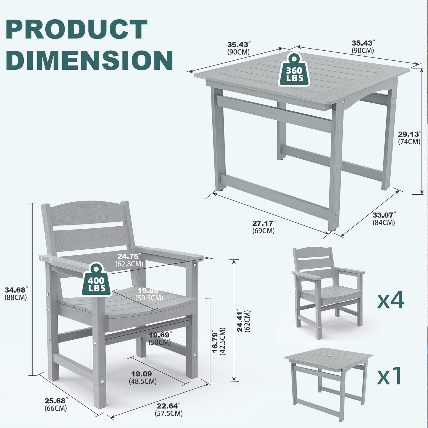Sunnibety 5-Piece HIPS Patio Dining Set, Outdoor Dining Table and Chairs Set with Umbrella Hole, Weatherproof Dining Table Set for 6 Person, Patio Furniture Set for Outside Deck, Grey