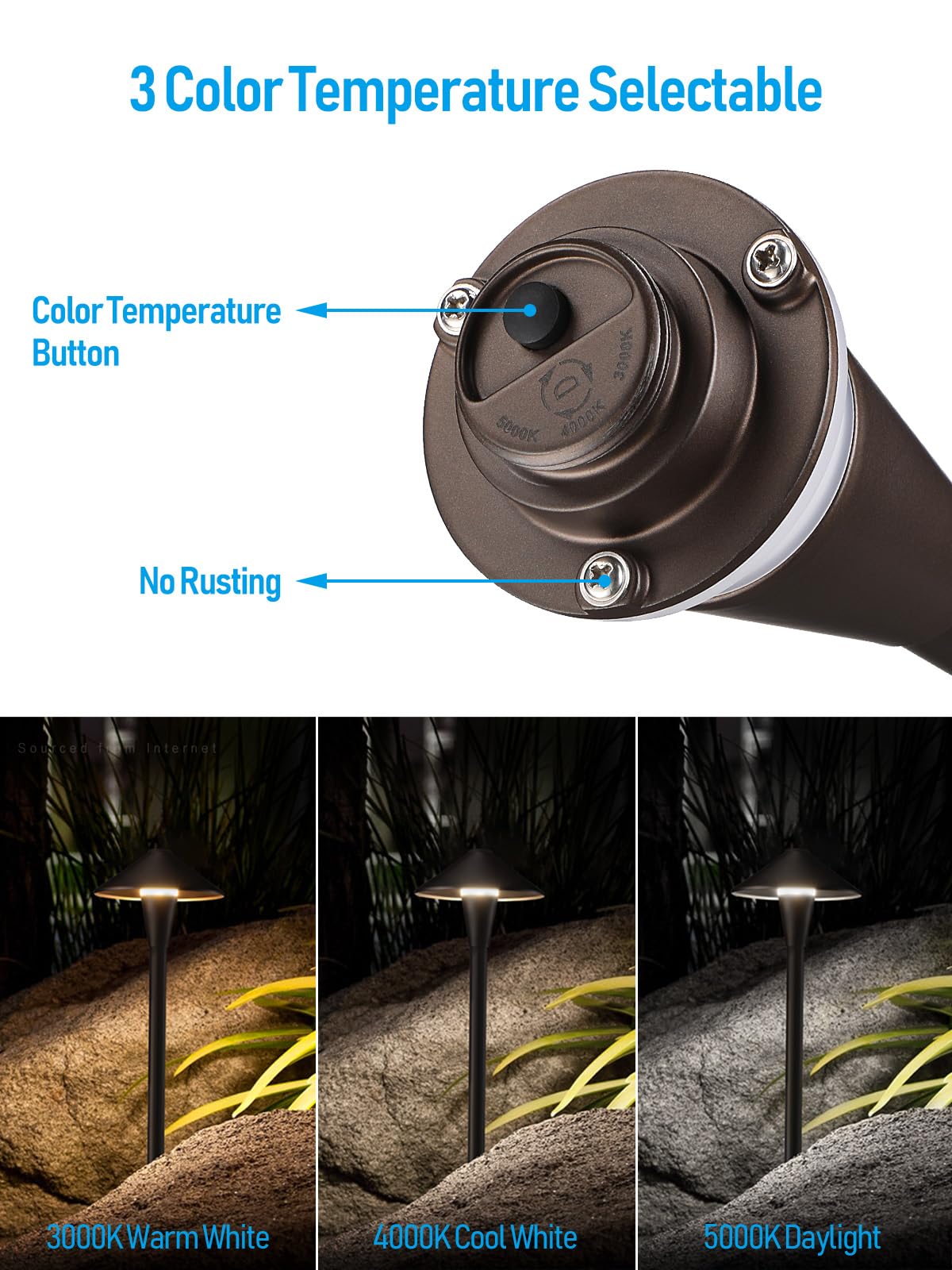 LEONLITE 3CCT Low Voltage Pathway Lights, LED Landscape Path Lights, 3000K/4000K/5000K, Flat Cone Head, 12-24V AC/DC, IP65 Outdoor Walkway Light, Oil Rubbed Bronze Aluminum, Pack of 6