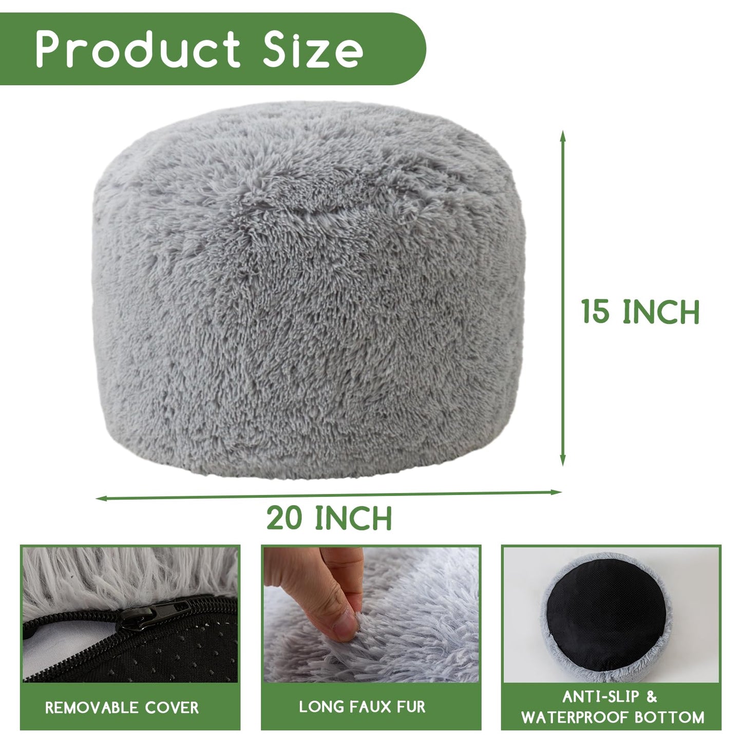 HIGOGOGO Round Stuffed Pouf Ottoman, Long Faux Fur Poufs with Foam Chunk Filling, Fluffy and Furry Pouf Foot Stool Storage Ottoman, 20 X 15 Floor Poufs Foot Rest for Living Room, Grey
