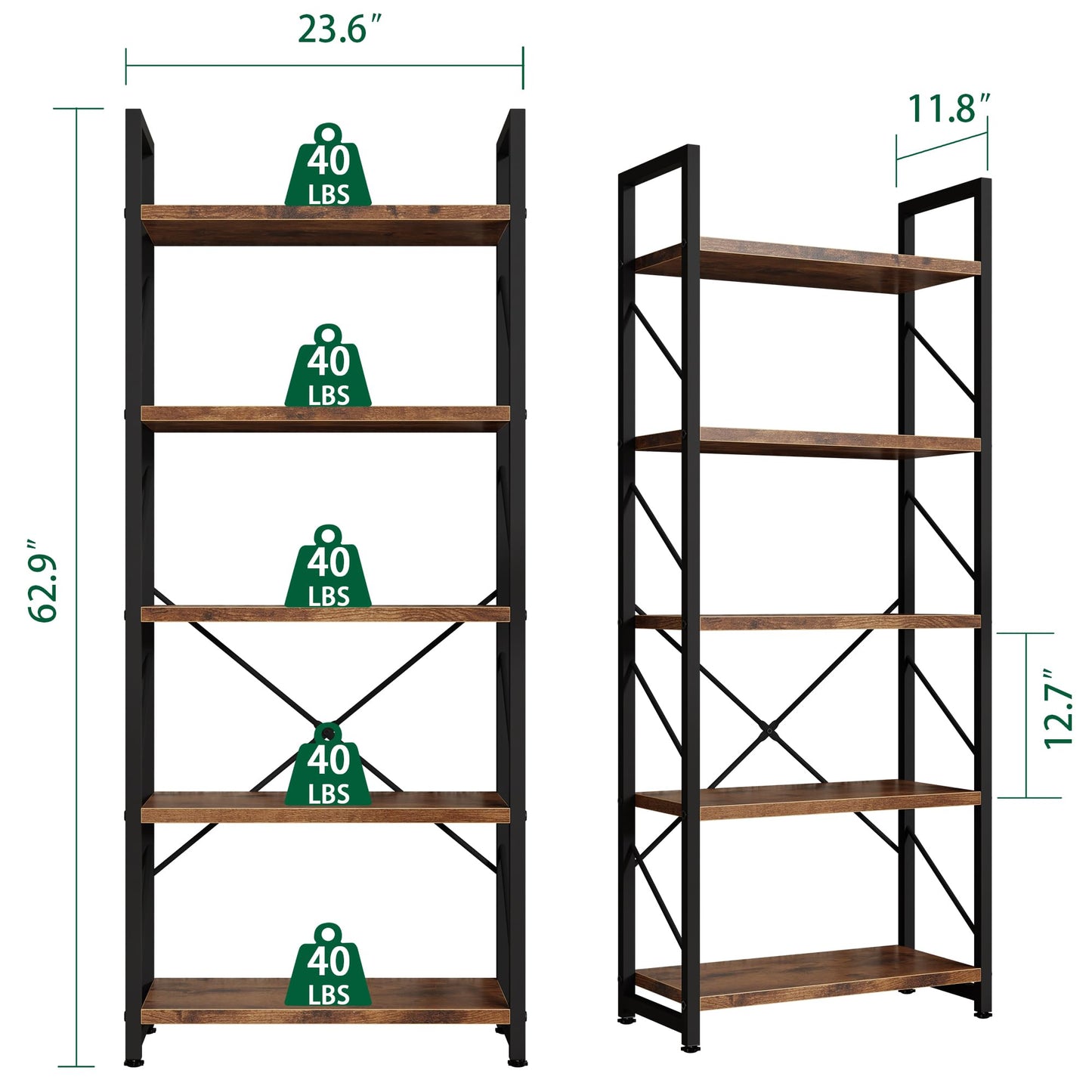 Shintenchi Bookshelf, 5 Tier Bookshelf, Tall Bookcase Shelf for CDs/Movies/Books, Home Office Bookcase Shelf Storage Organizer, Modern Book Shelf for Bedroom/Living Room/Home Office, Rustic Brown