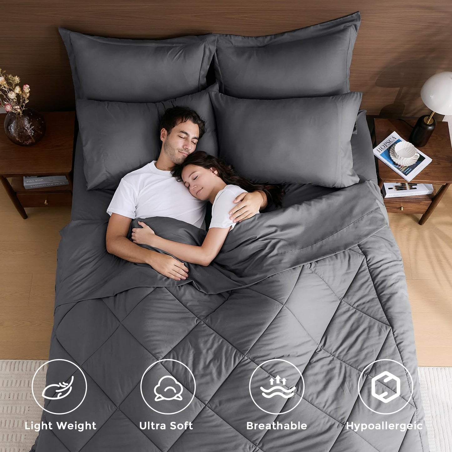 HEVUMYI 7 Pieces Queen Comforter Set, All Season Reversible Bed in a Bag Queen, Ultra Soft Queen Bedding Set with Grey Comforter, Flat Sheet, Fitted Sheet, Pillowcases, Pillow Shams, Dark Grey