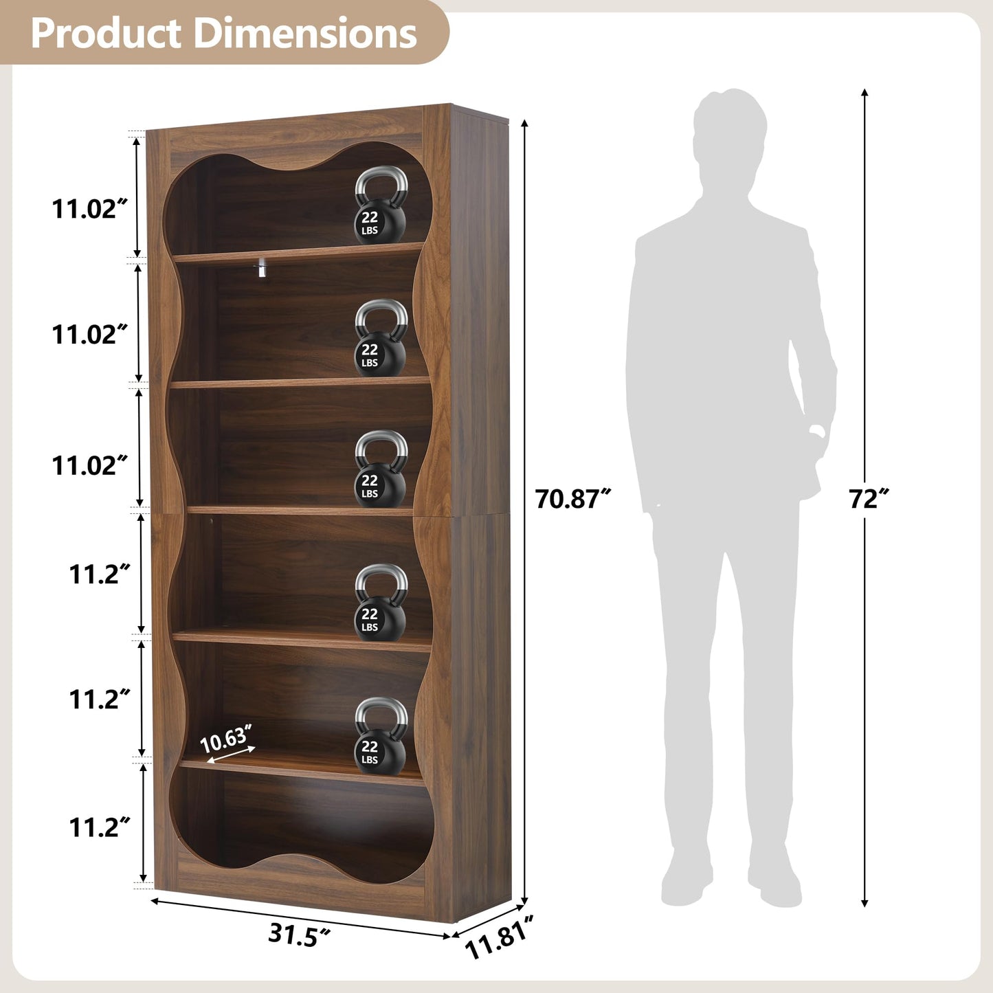 YZRSTY 71" Tall Bookshelf, 6 Tier Large Wooden Book Shelf, Modern Freestanding Bookshelves and Bookcases, Unique Bookcase Display Storage Shelves for Living Room, Bedroom, Classroom, Office, Library