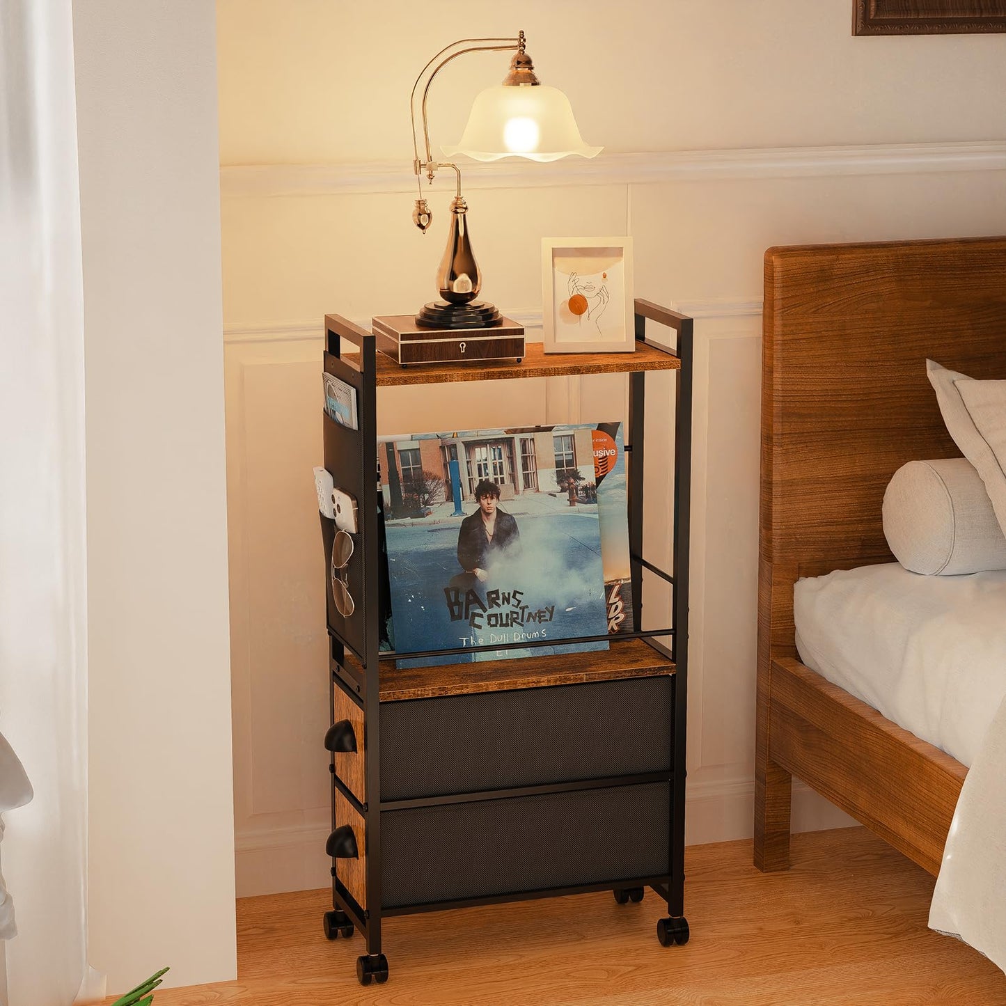 Oppro Small Narrow Side End Table with Drawer for Small Spaces, Slim Nightstand Bedside Sofa Table with Wheels, Space Saving Skinny Thin Couch Coffee Desk with Storage Bag for Bedroom Living Room