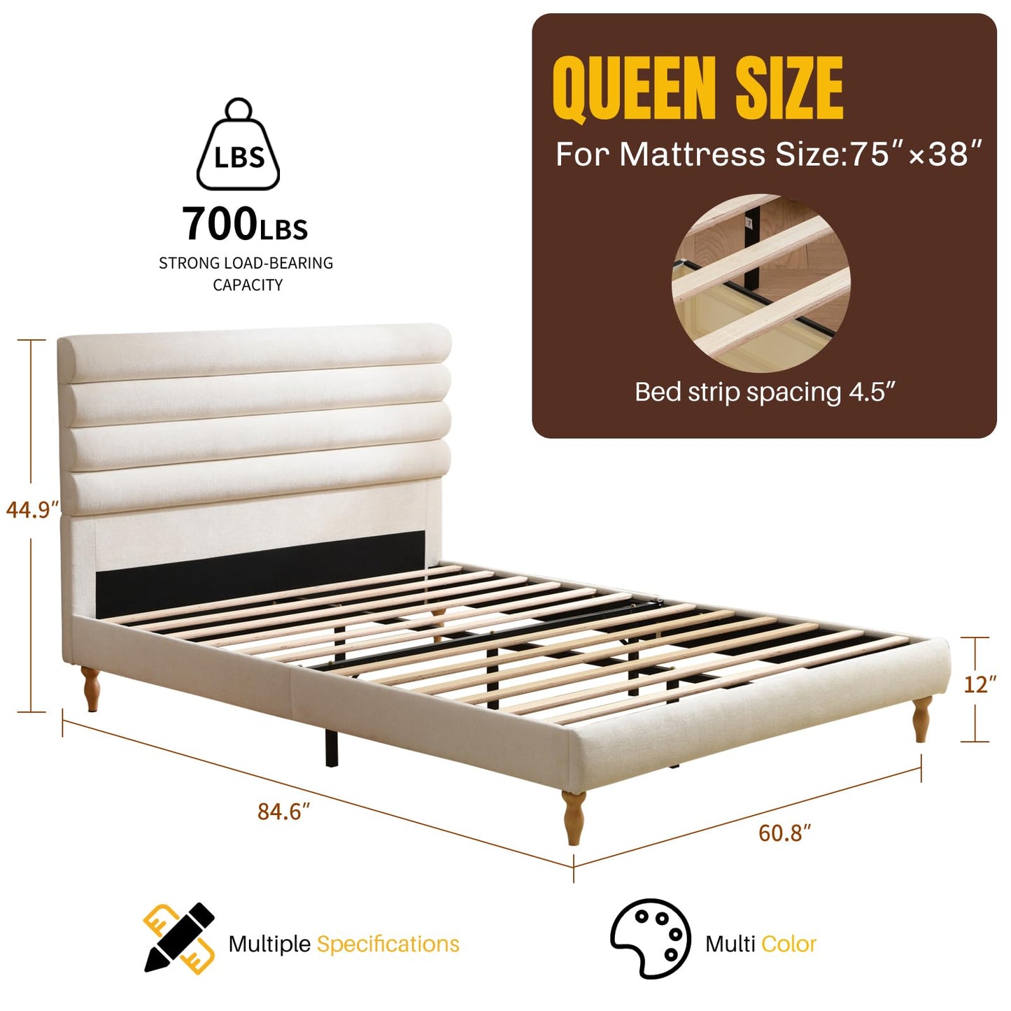 PINJU Queen Size Upholstered Bed Frame with Roundwood Stacked Headboard, Solid Wood Feet, No Noise, Wooden Slat Support, No Spring Mattress Required, Easy to Assemble(White, Queen)